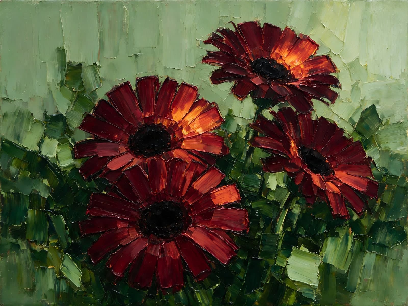Donkerrode gerbera's tussen groen blad