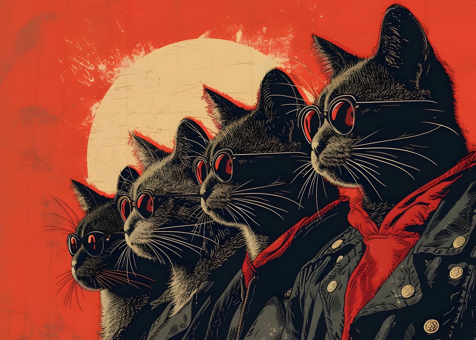 Vier katten met zonnebril en leren jas