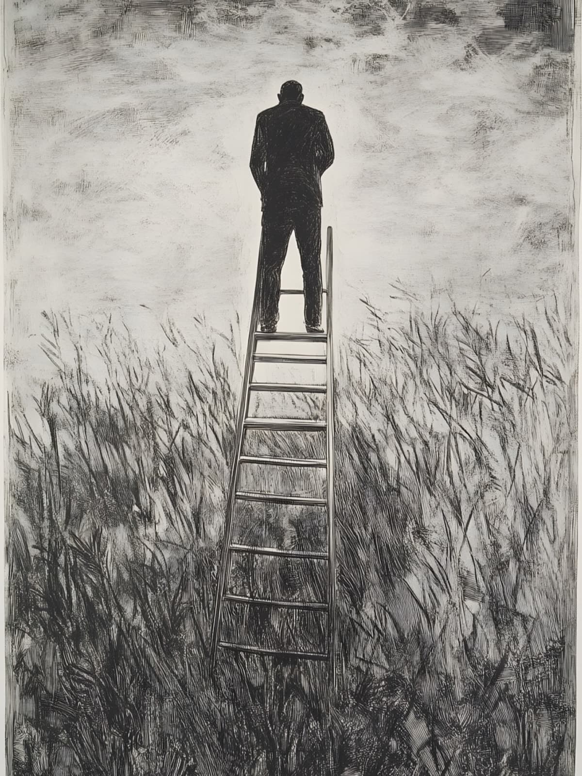 Man op een ladder in hoog gras