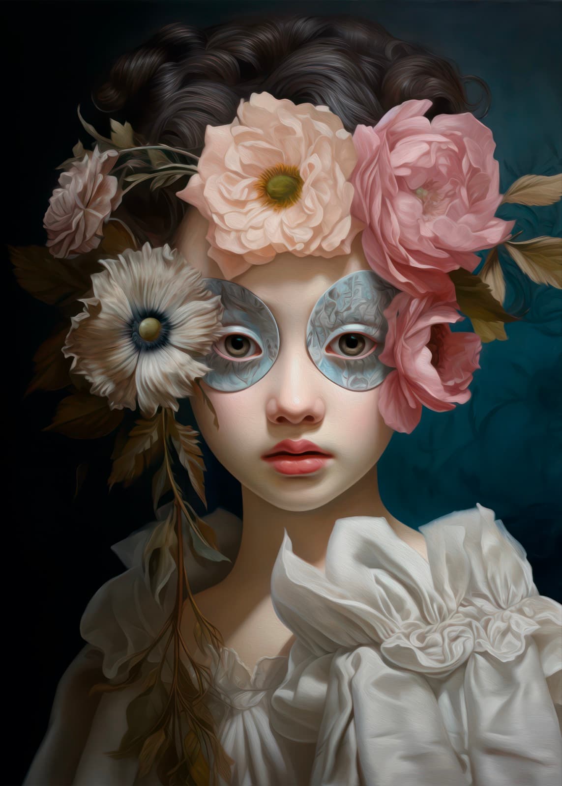 Meisje met bloemen en een zilveren masker