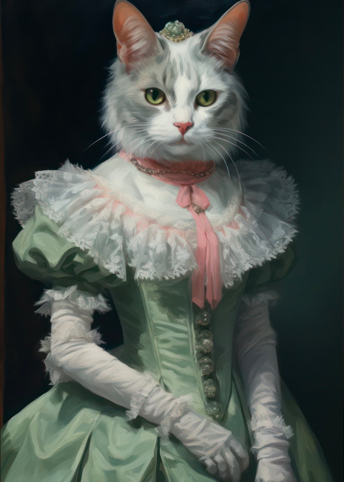 Grijze kat in groene jurk met kraag
