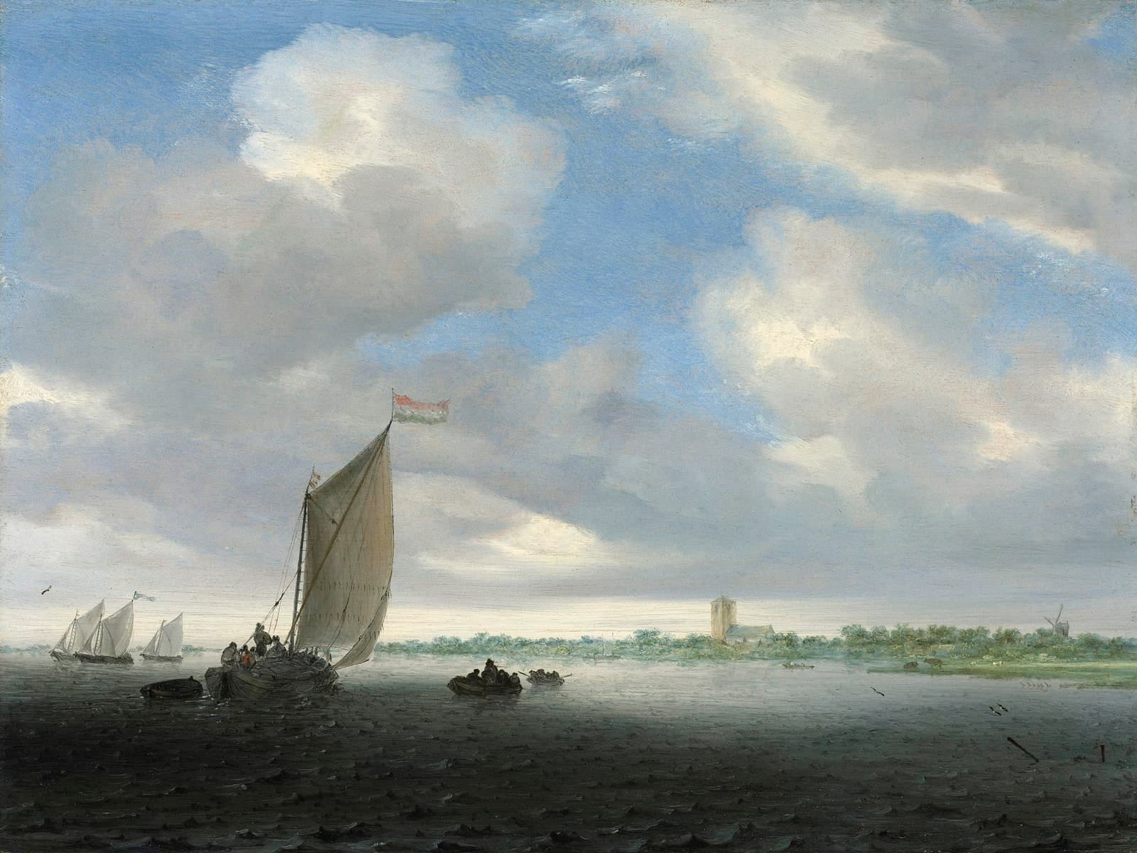 Rivierlandschap met een wijdschip en andere vaartuigen