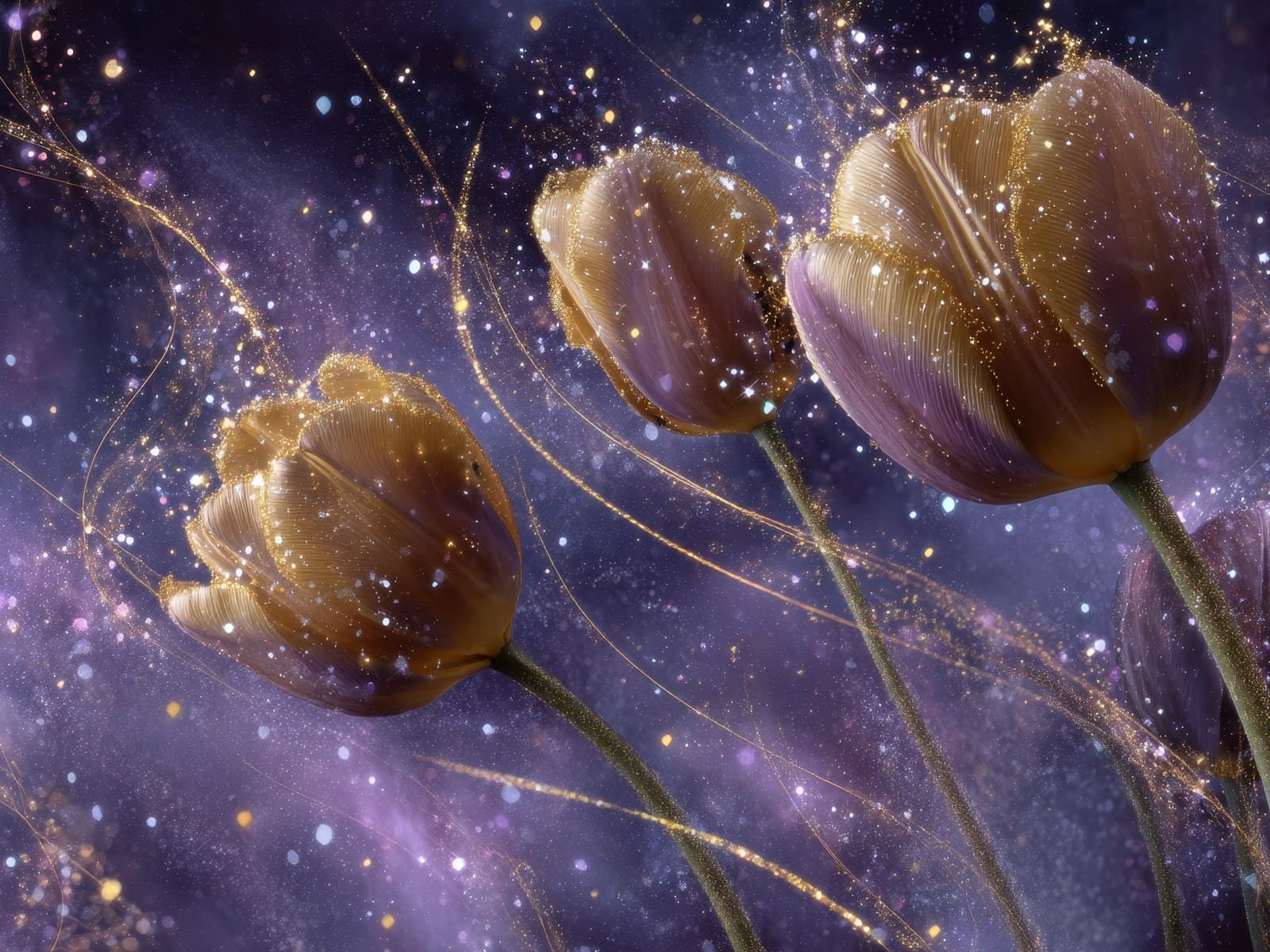 Gouden tulpen in paarse sterrenwervels