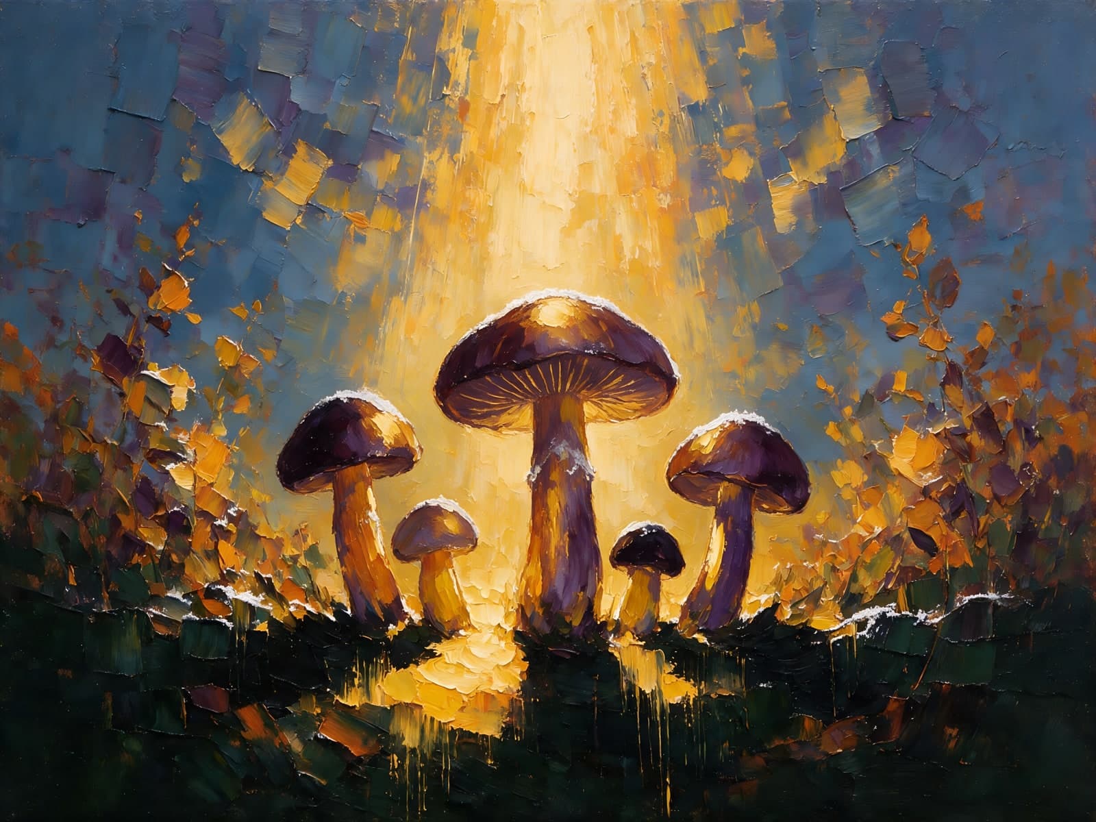 Paddenstoelen in een bundel goudlicht