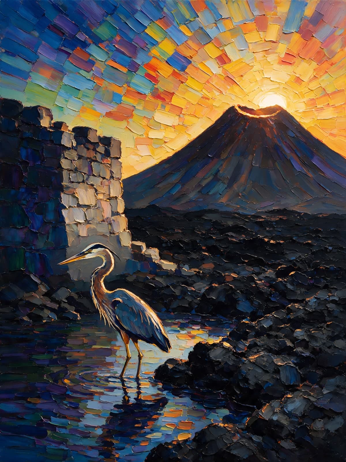 Reiger bij een vulkaan en oude muur