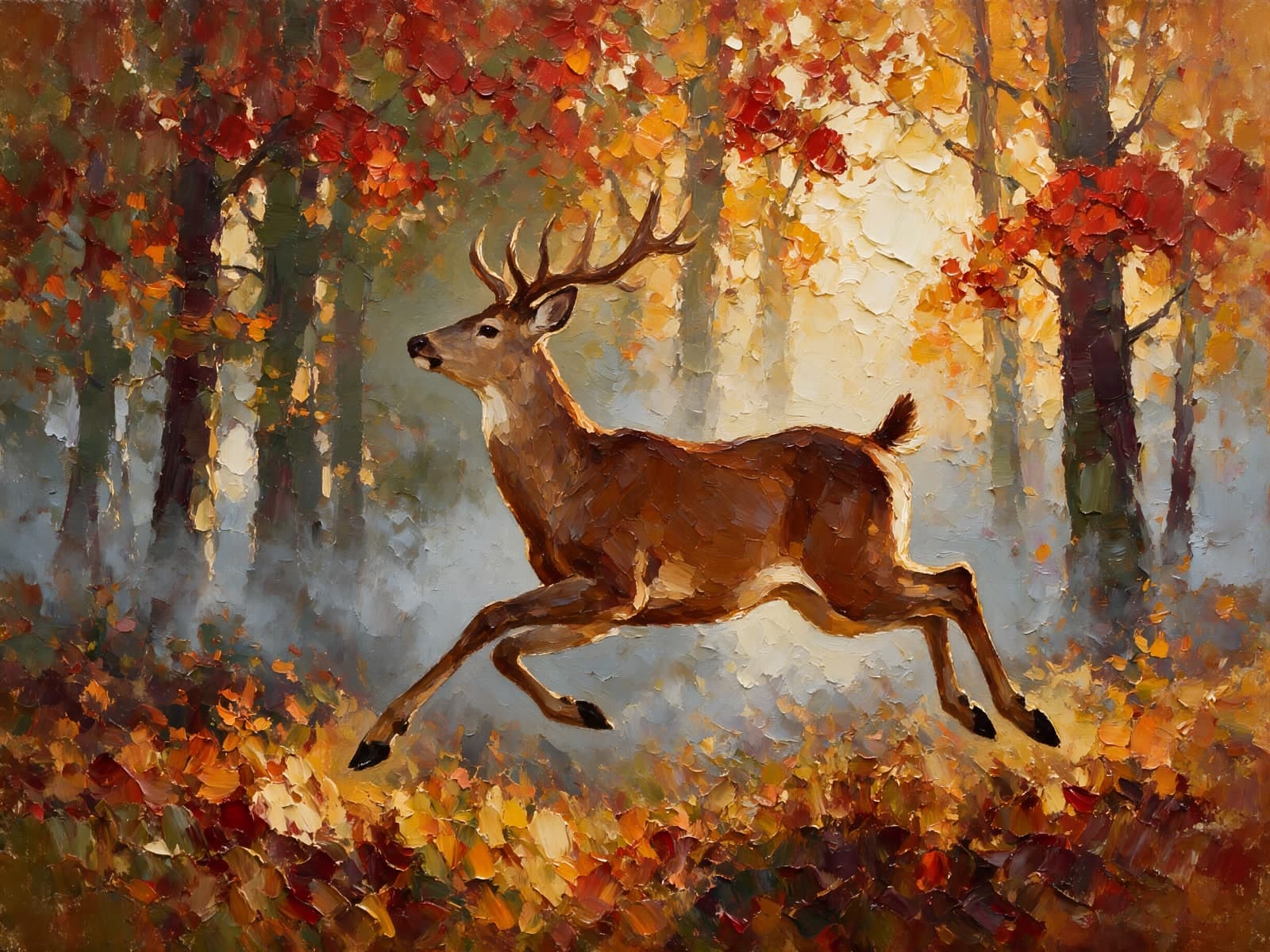 Springend hert door een herfstbos