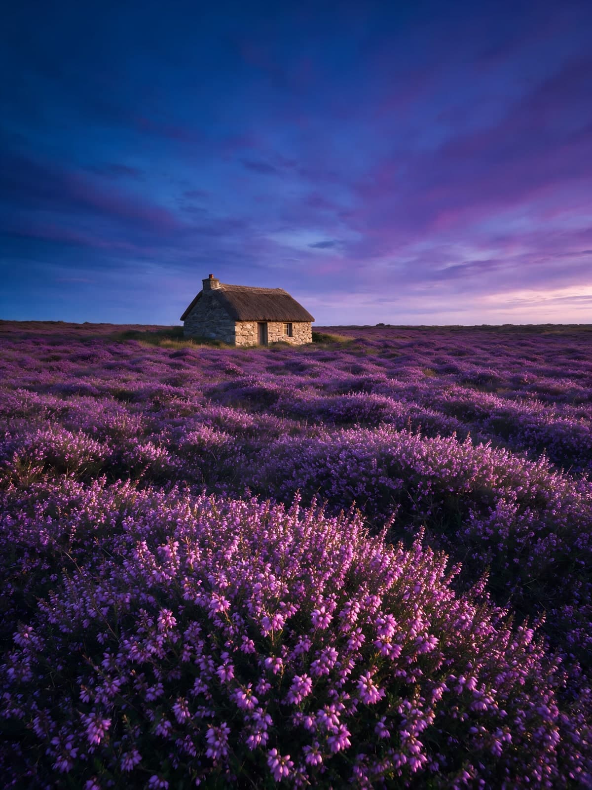 Lavendelveld met huisje onder paarse avondlucht