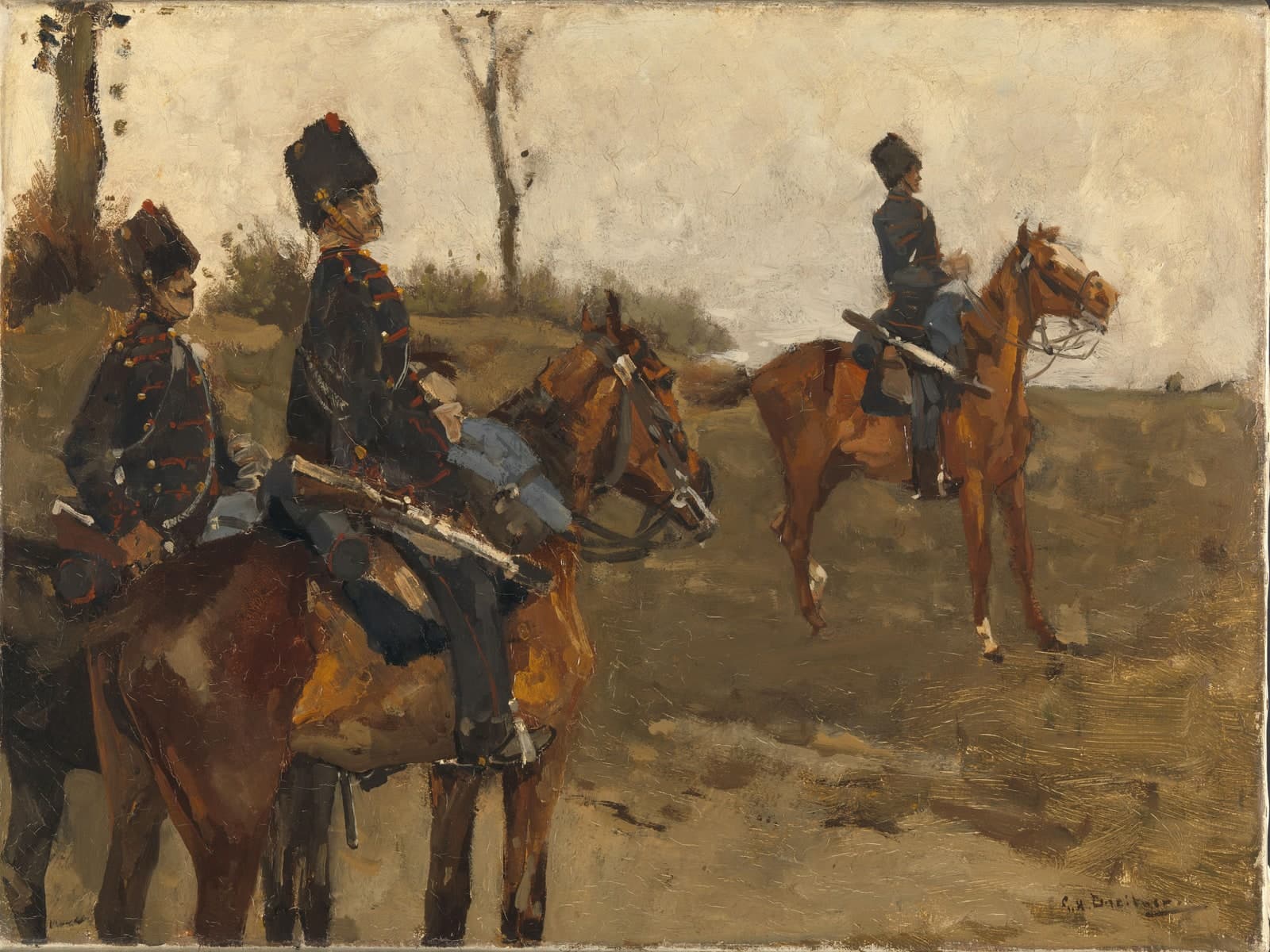 Huzaren met hoge mutsen te paard