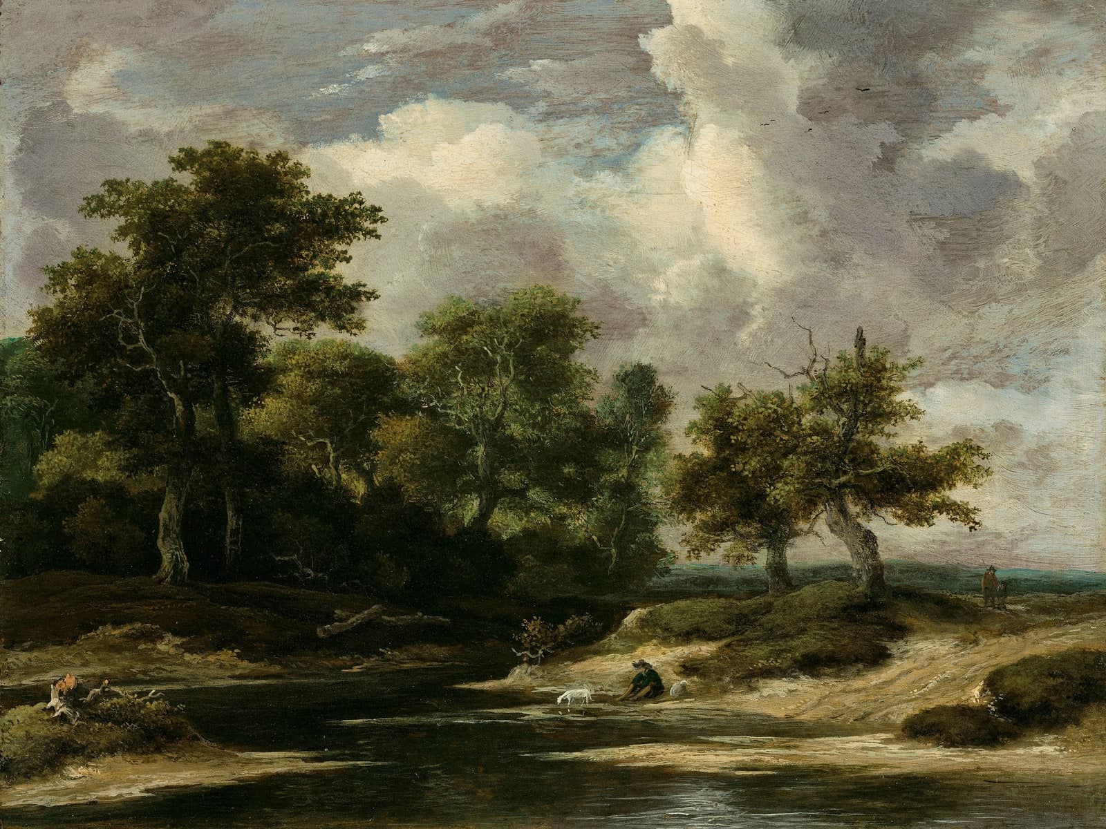 Bosrijk rivierlandschap met reiziger en hond