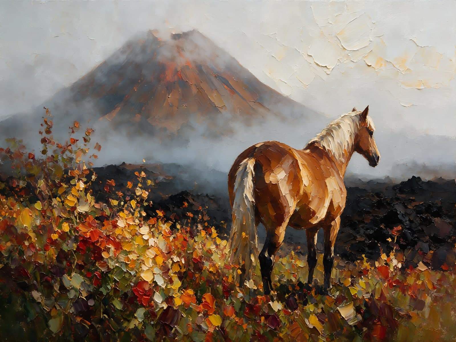 Paard bij vulkaan in mist en herfstkleur