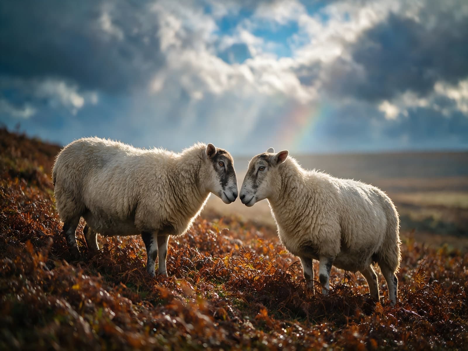 Twee schapen neus aan neus, regenboog erachter