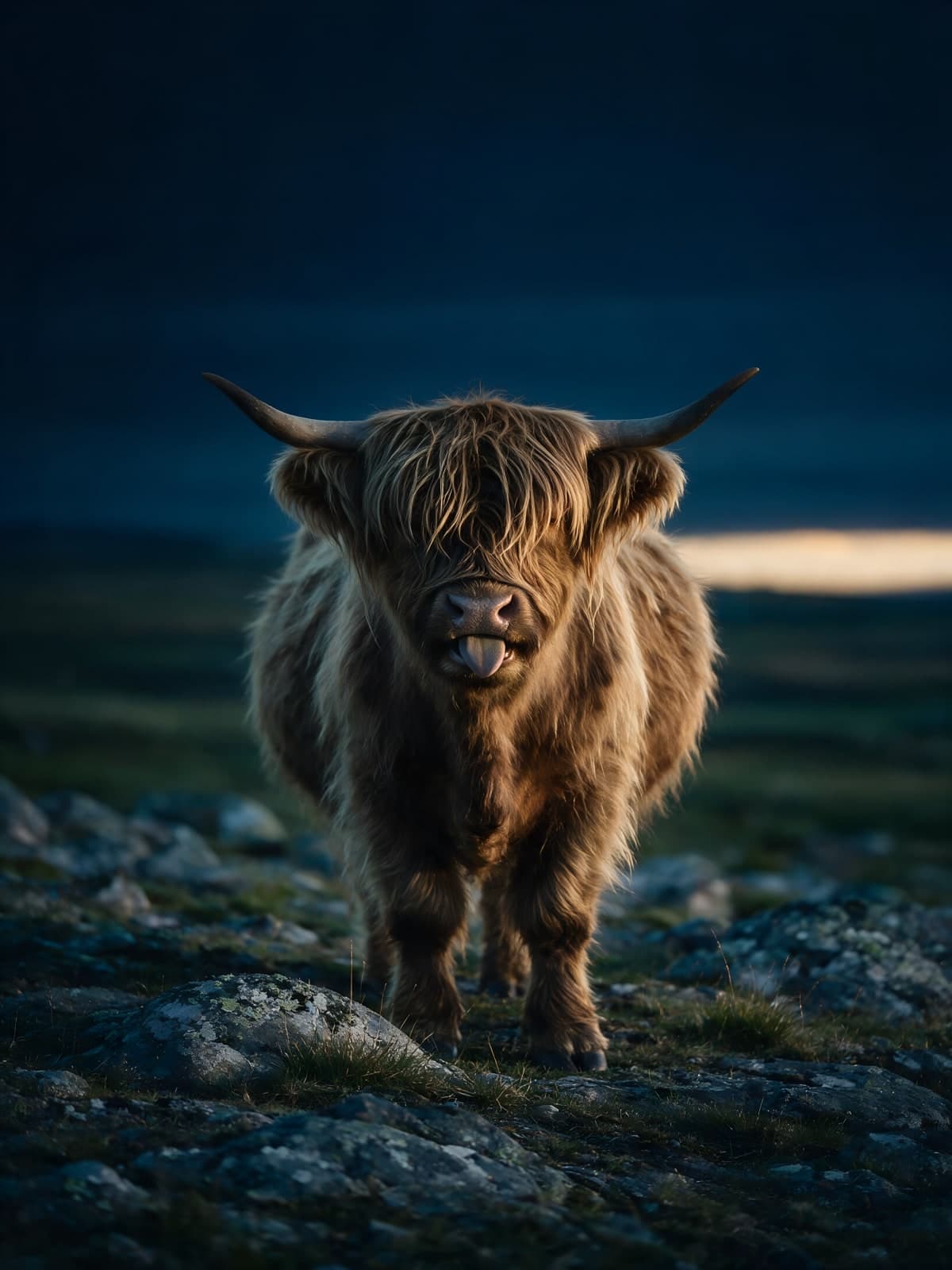 Schotse hooglander in schemerlicht op rotsen