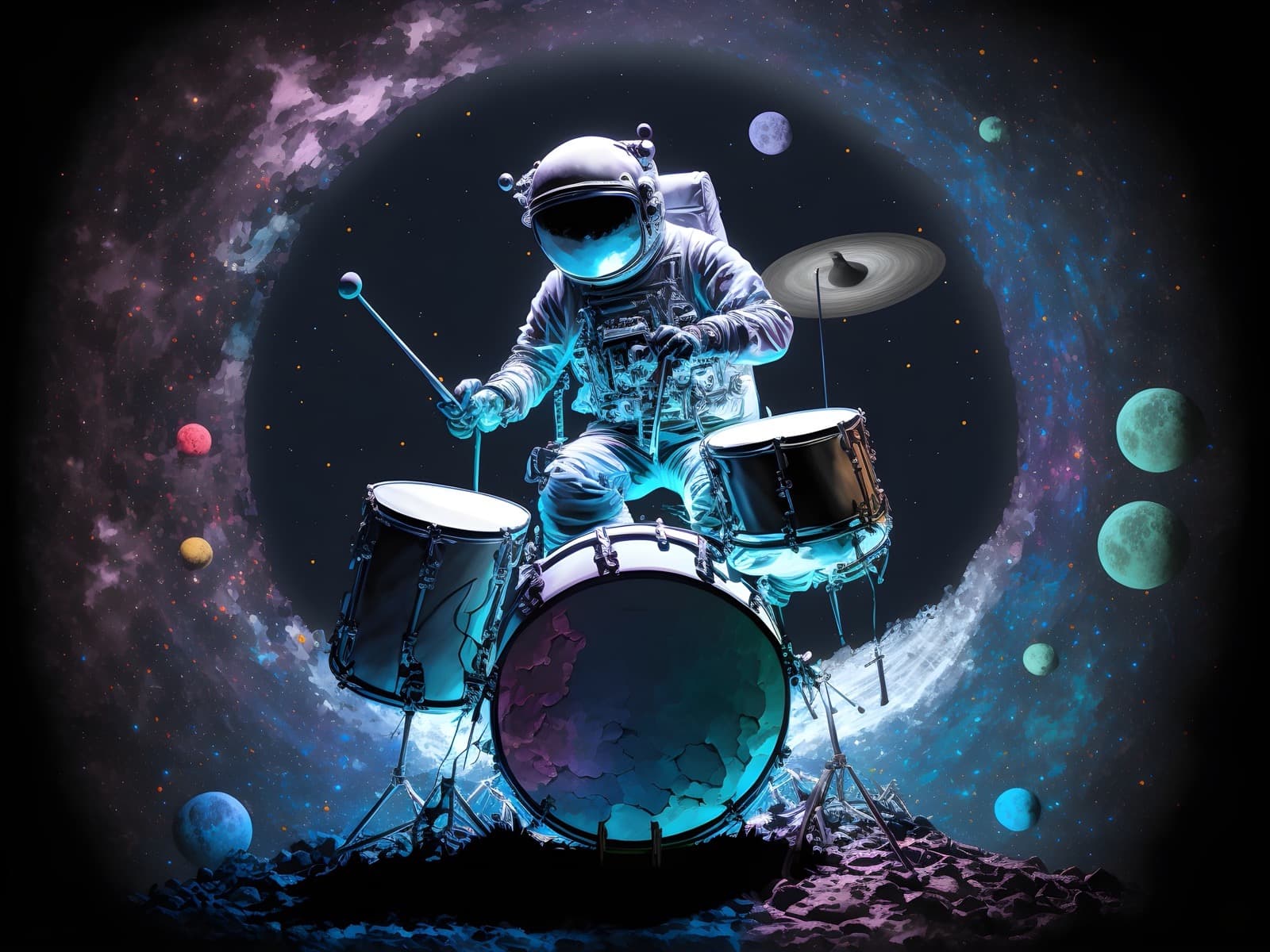 Astronaut op drums tussen kleine planeten