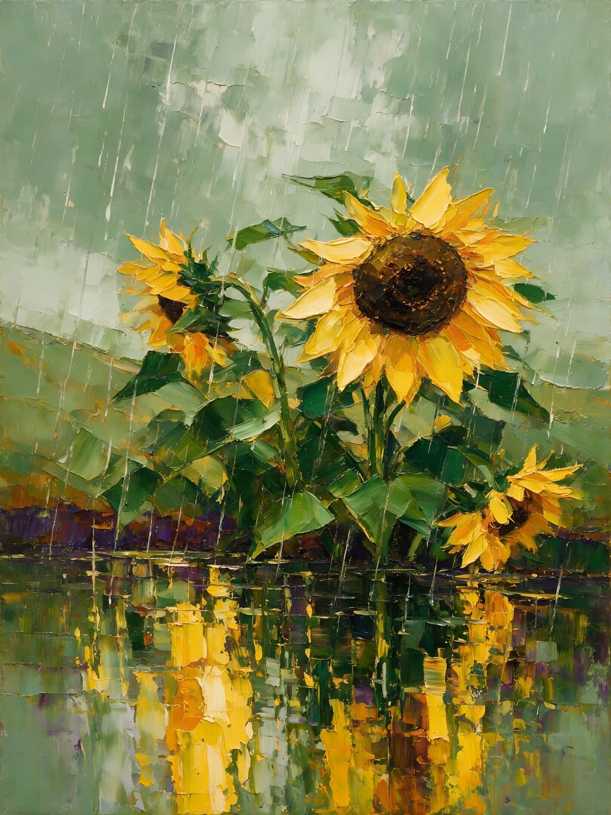 Zonnebloemen in regen boven spiegelend water