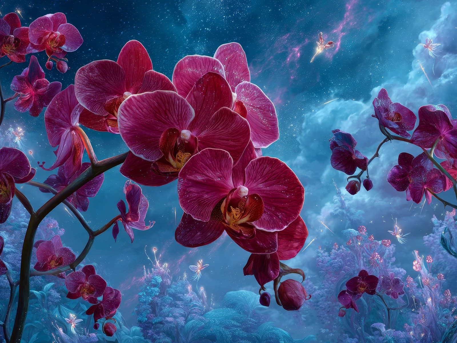 Karmozijnrode orchideeën tegen blauwe wolken