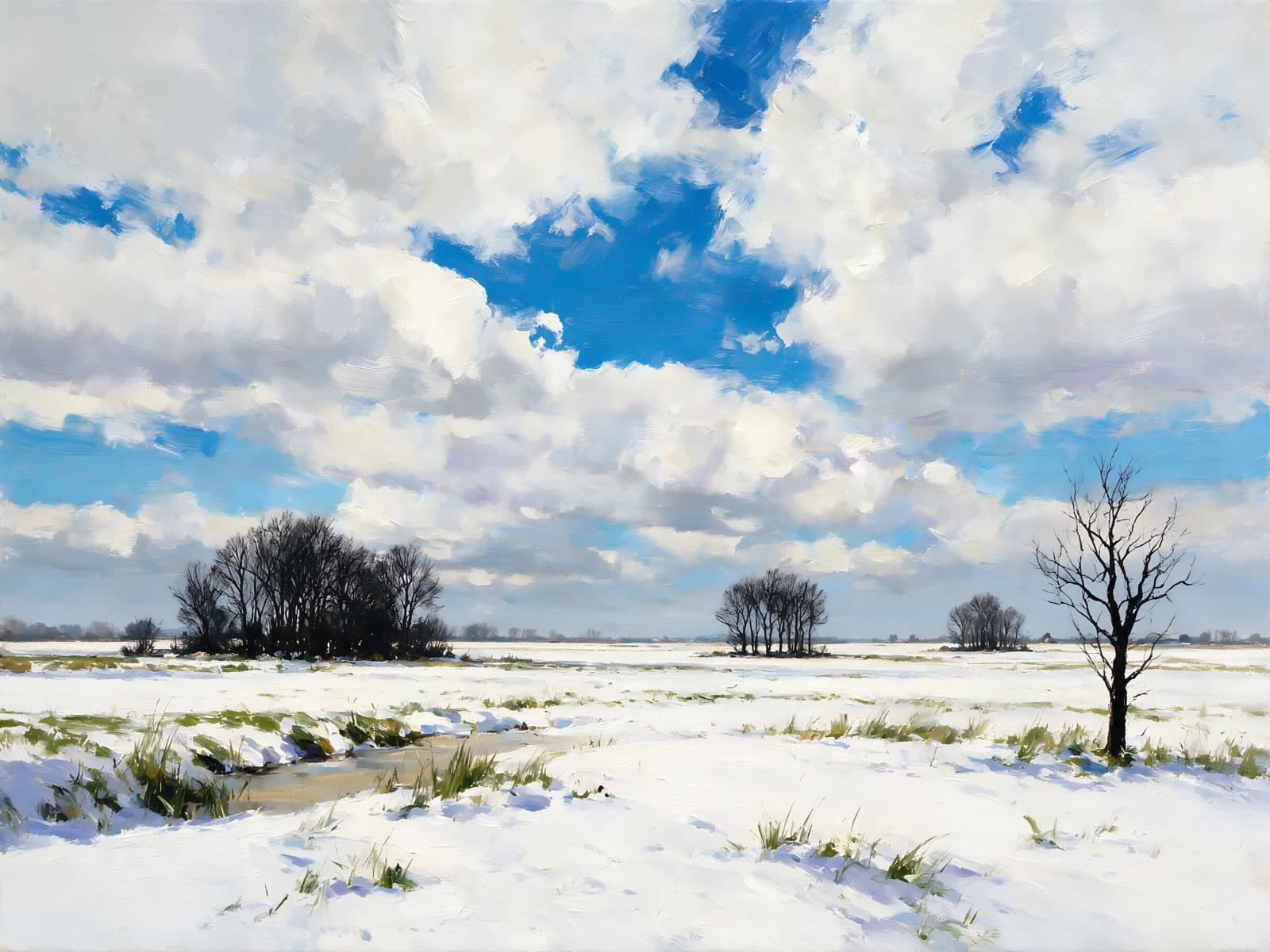 Sneeuwvlakte onder wolken en blauwe lucht
