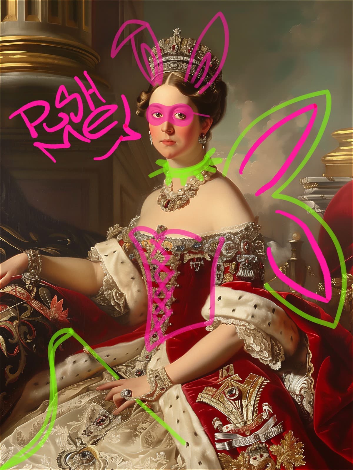 Koningin in rode jurk met roze konijnenoren