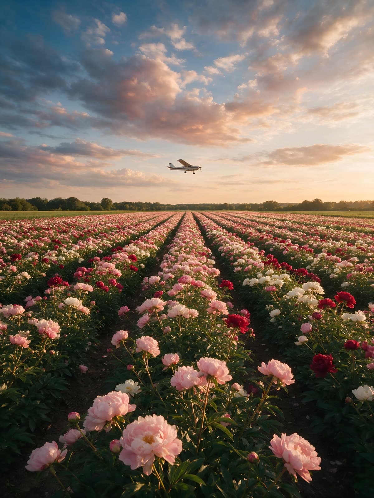 Rijen pioenen met een vliegtuig bij zonsondergang