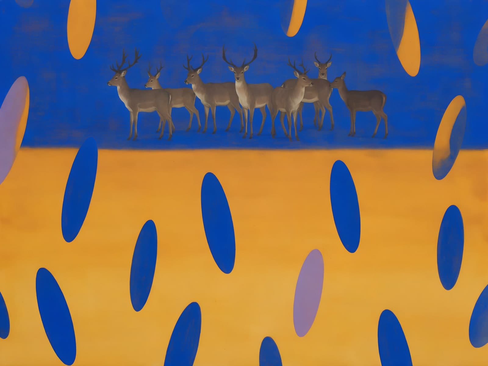 Rij herten boven gele ovalen op blauw
