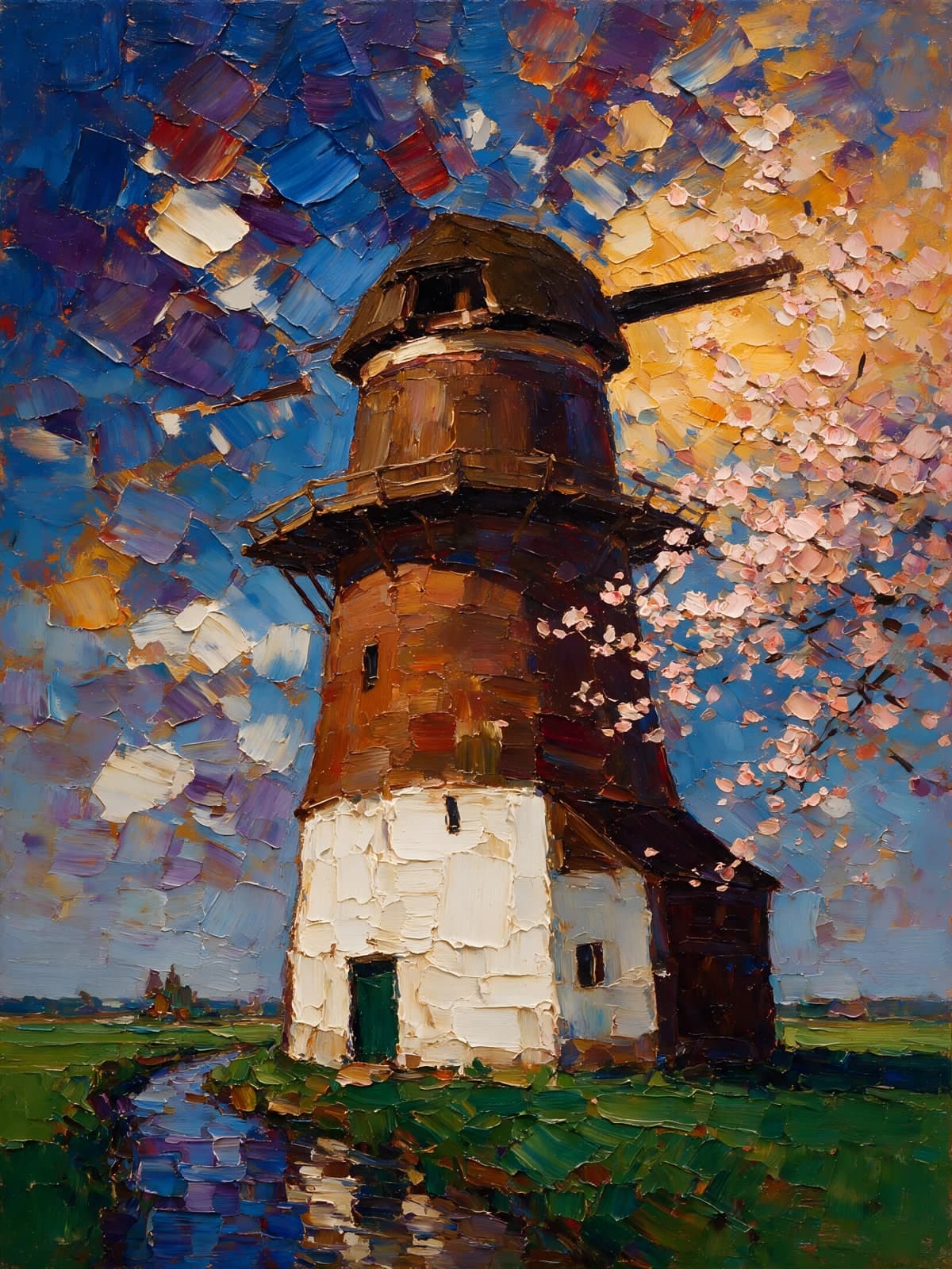 Bruine molen met bloesem onder dramatische lucht