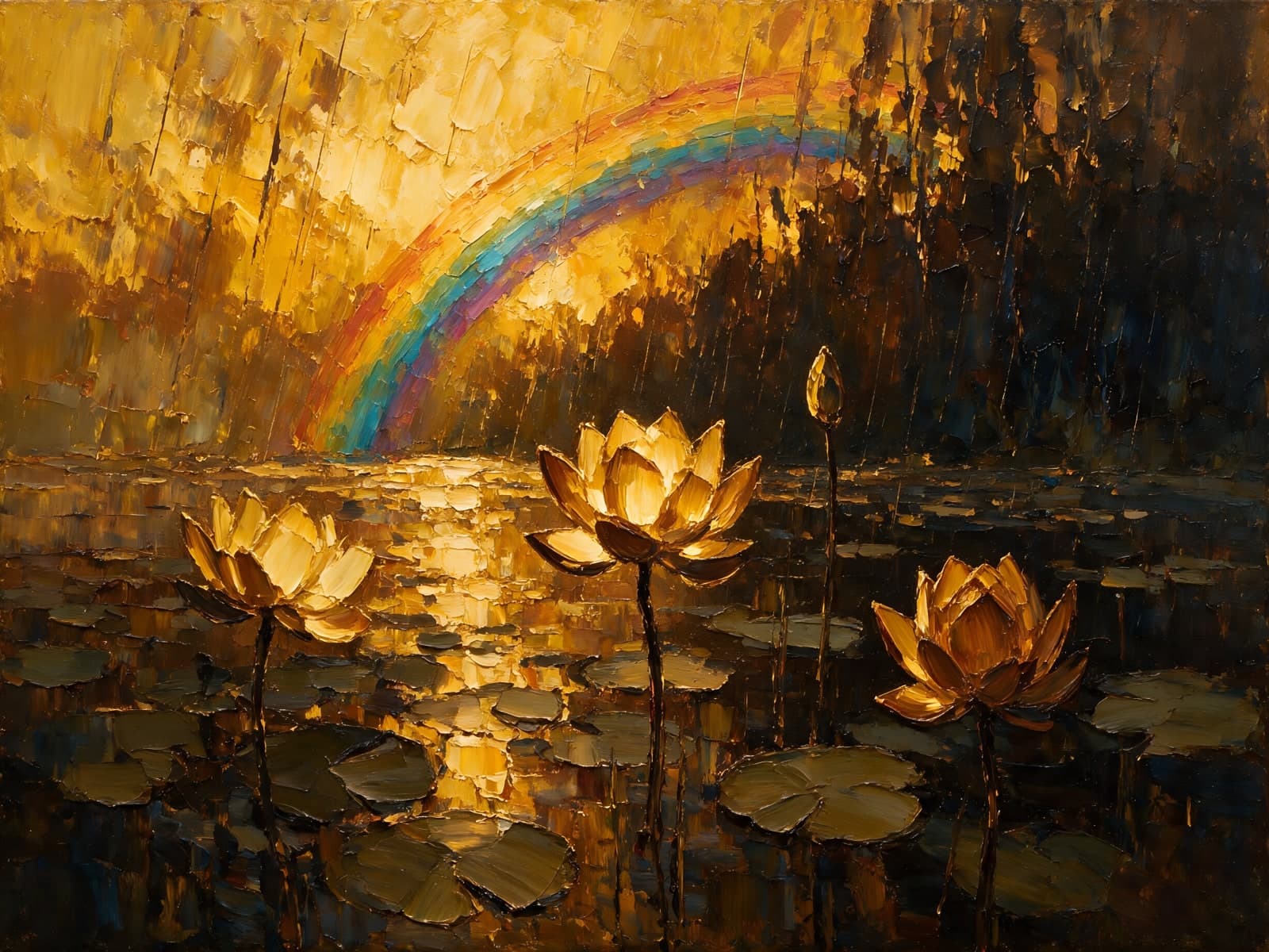 Gouden lotusbloemen onder een regenboog