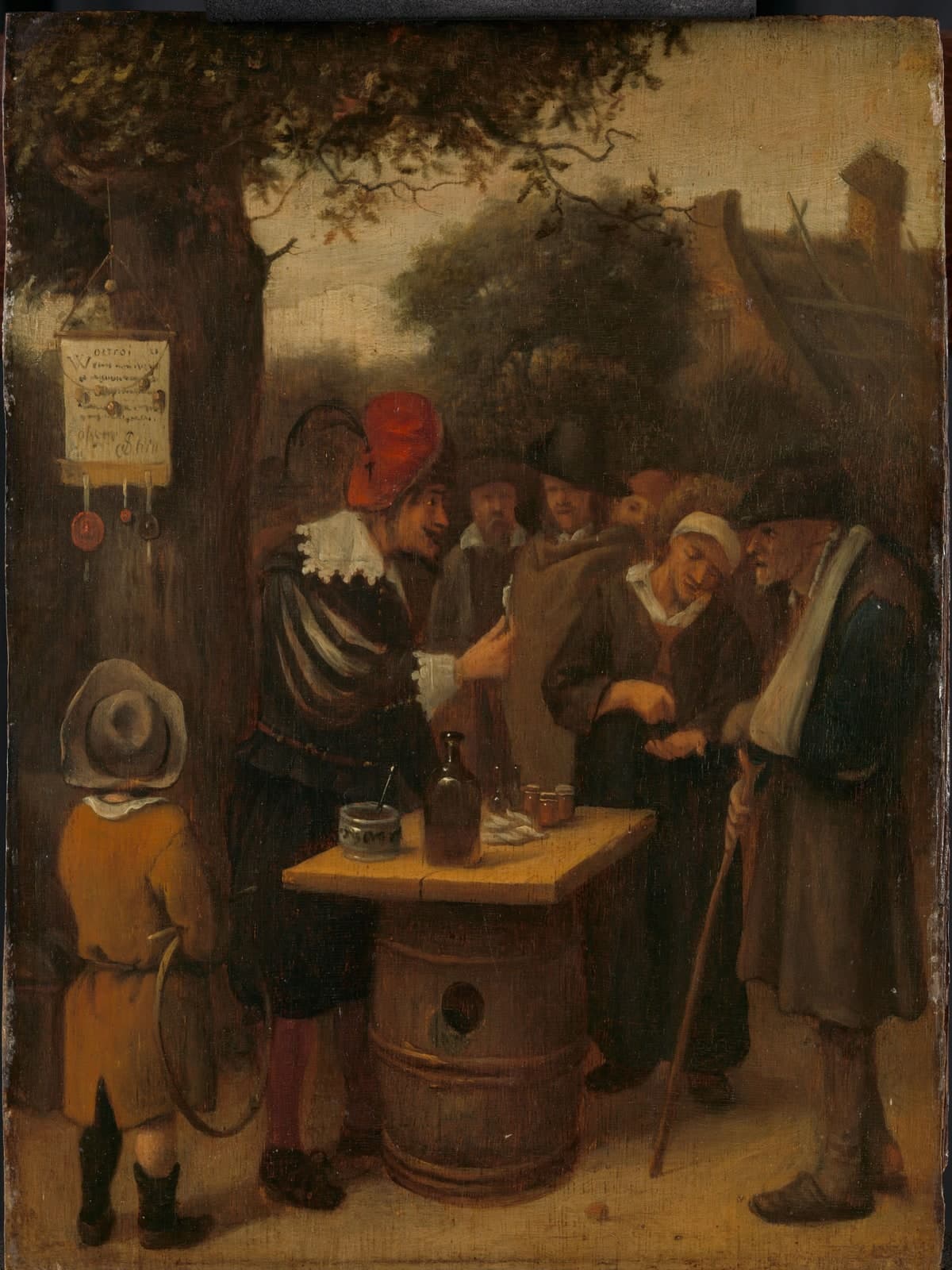 De kwakzalver met dorpelingen onder een grote boom