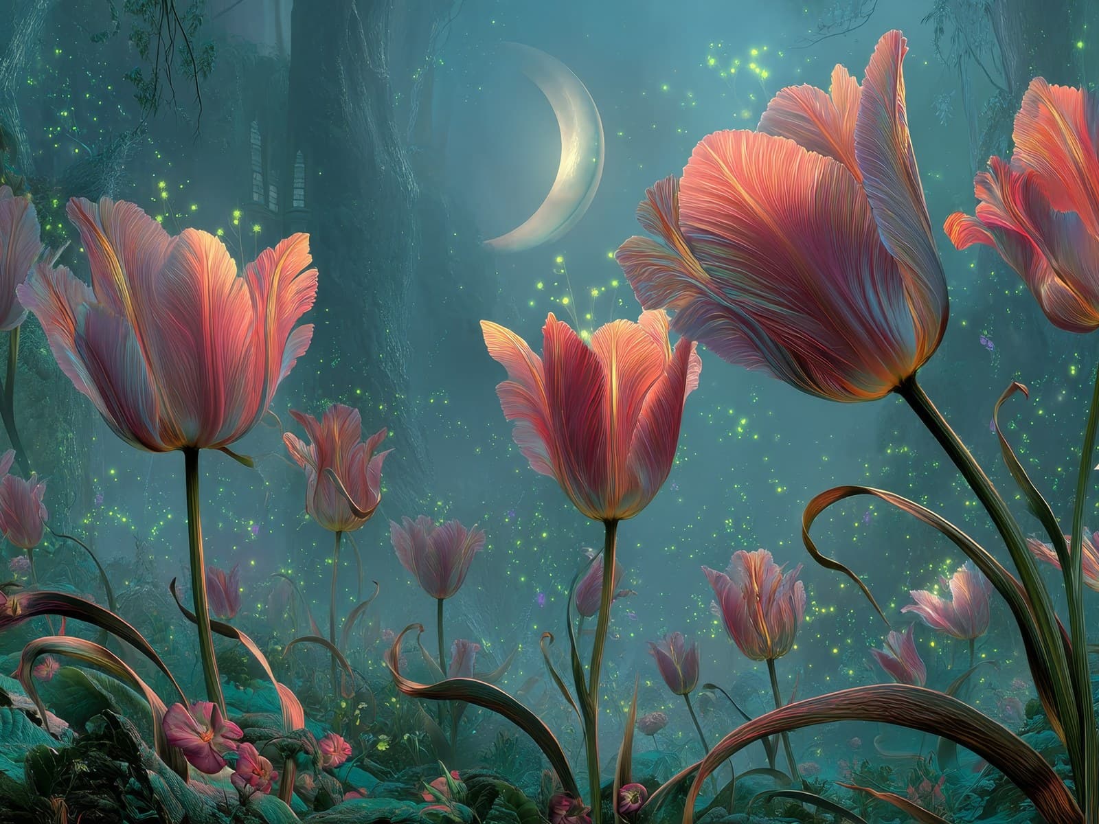 Roze tulpen in een groene maannacht