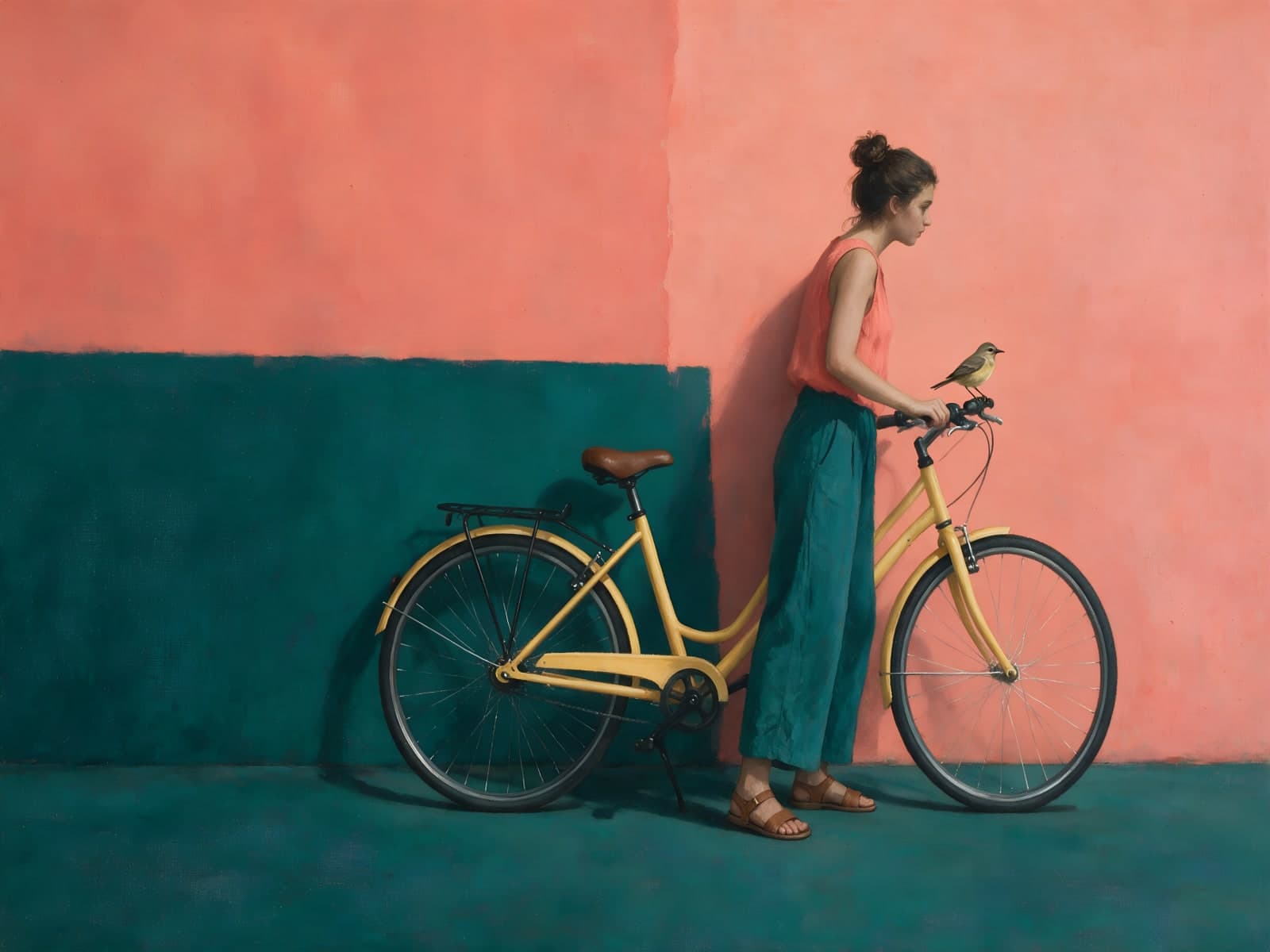 Gele fiets en vrouw voor koraalrode muur