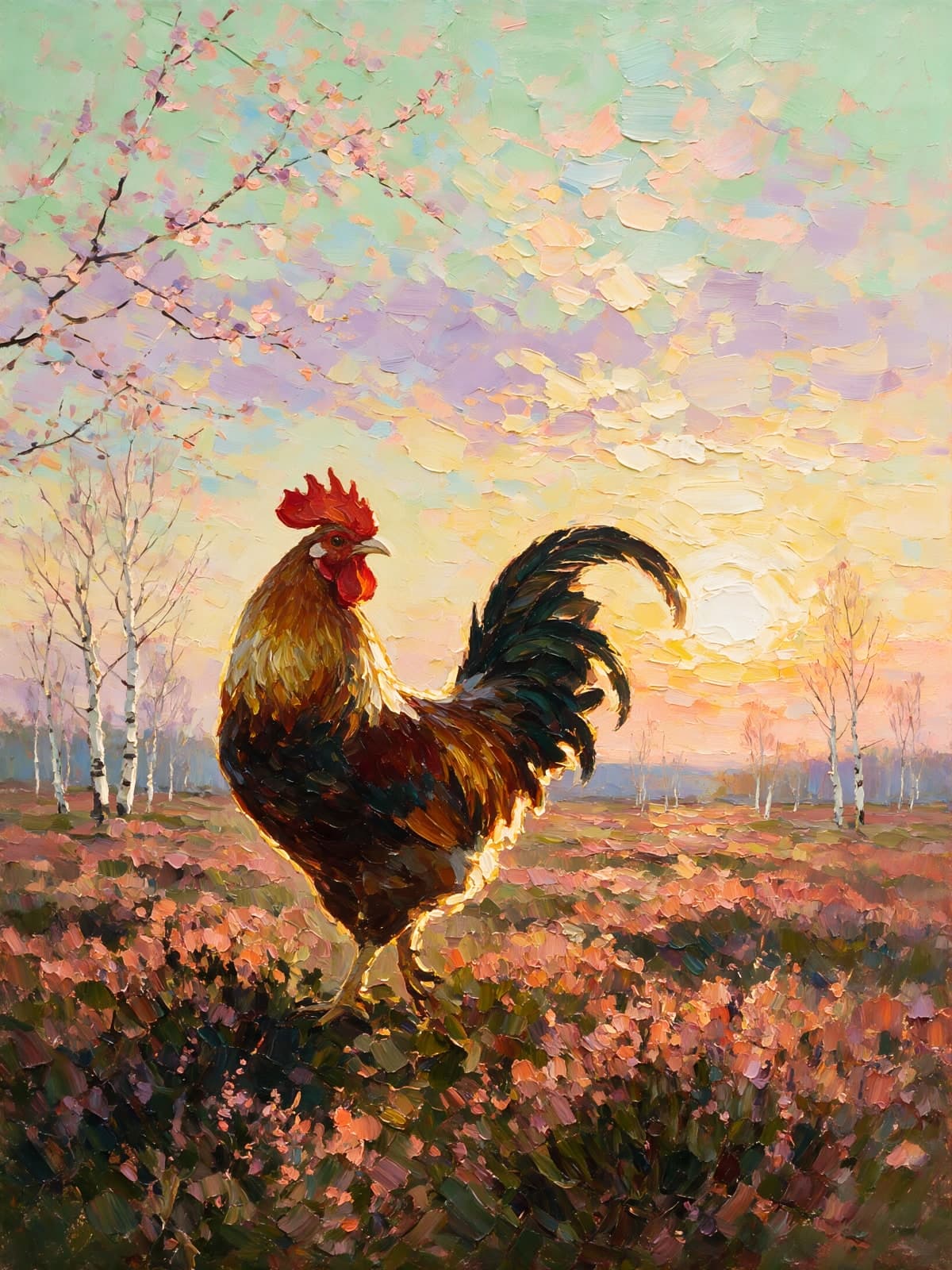 Haan in bloeiende heide bij zonsondergang