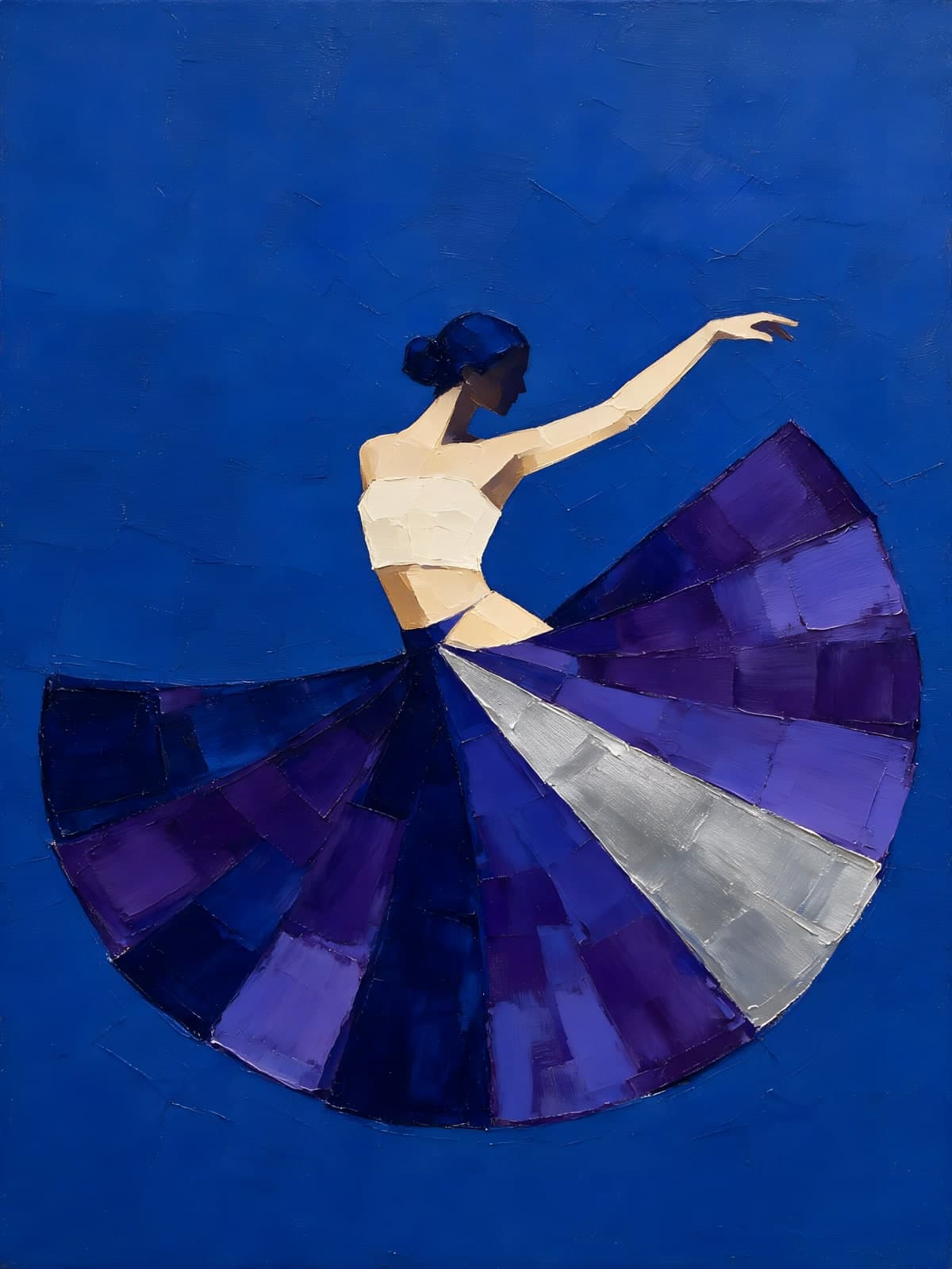 Danseres in paarse rok op blauw
