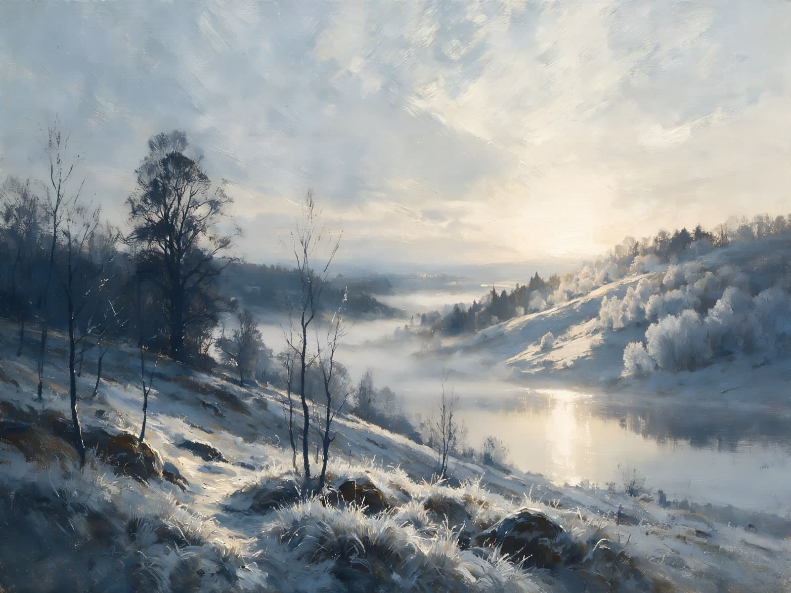Winterse heuvels met mist boven een meer