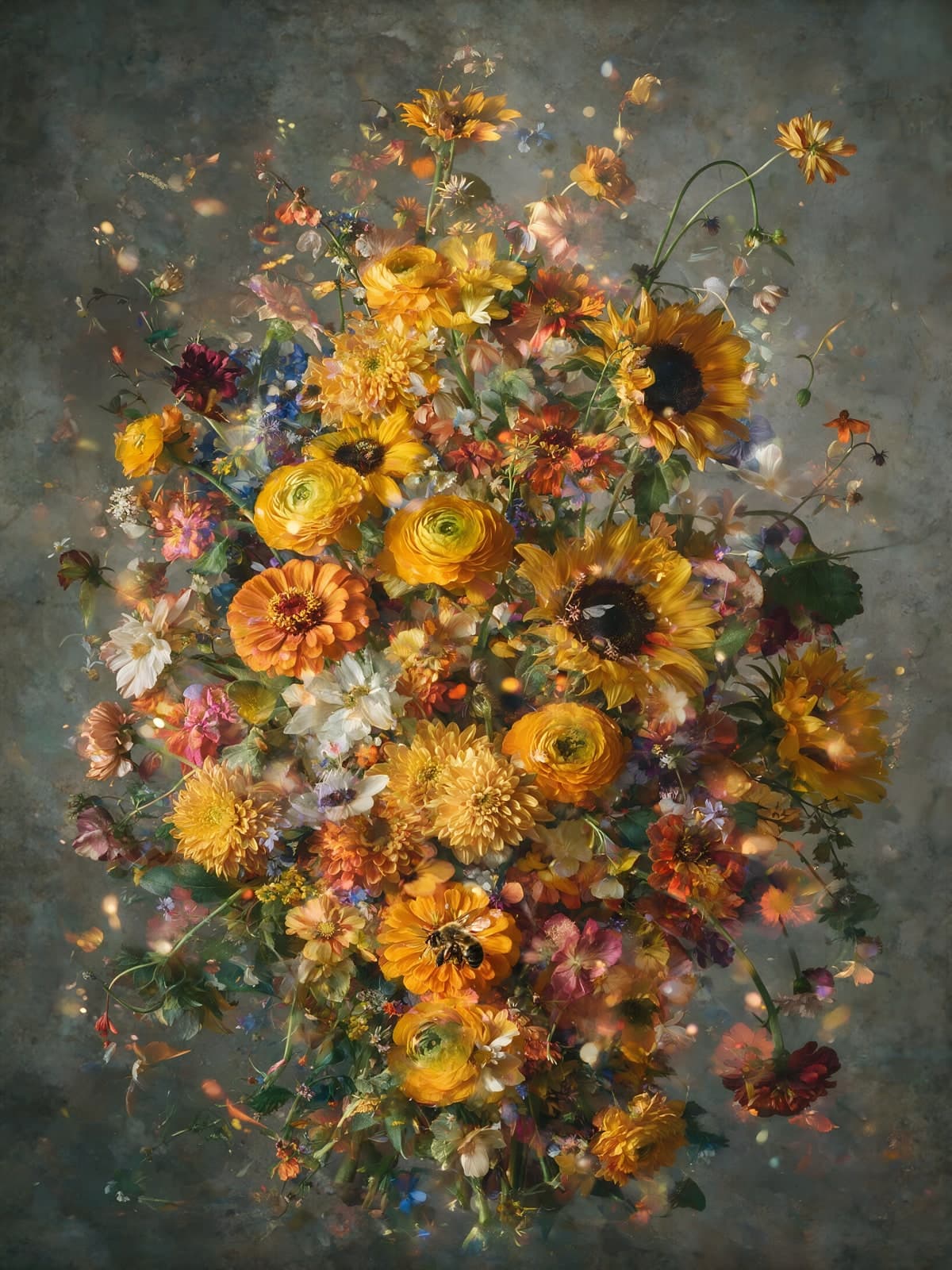 Ruim boeket oranje zonnebloemen op grijze grond