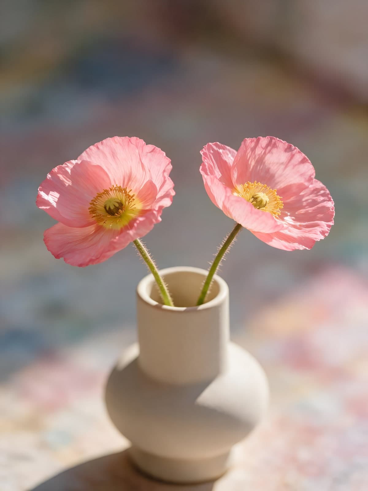 Twee roze papavers in een witte vaas