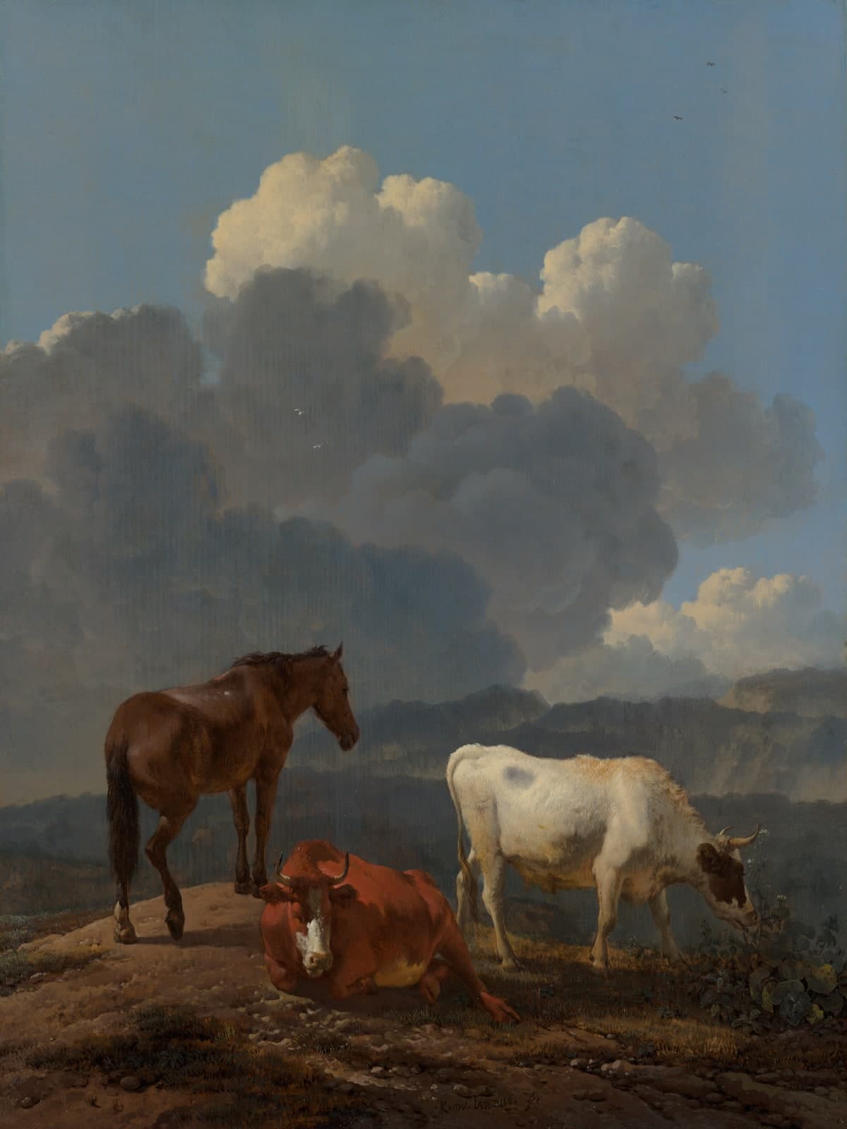 Italiaans landschap met vee en een bruin paard