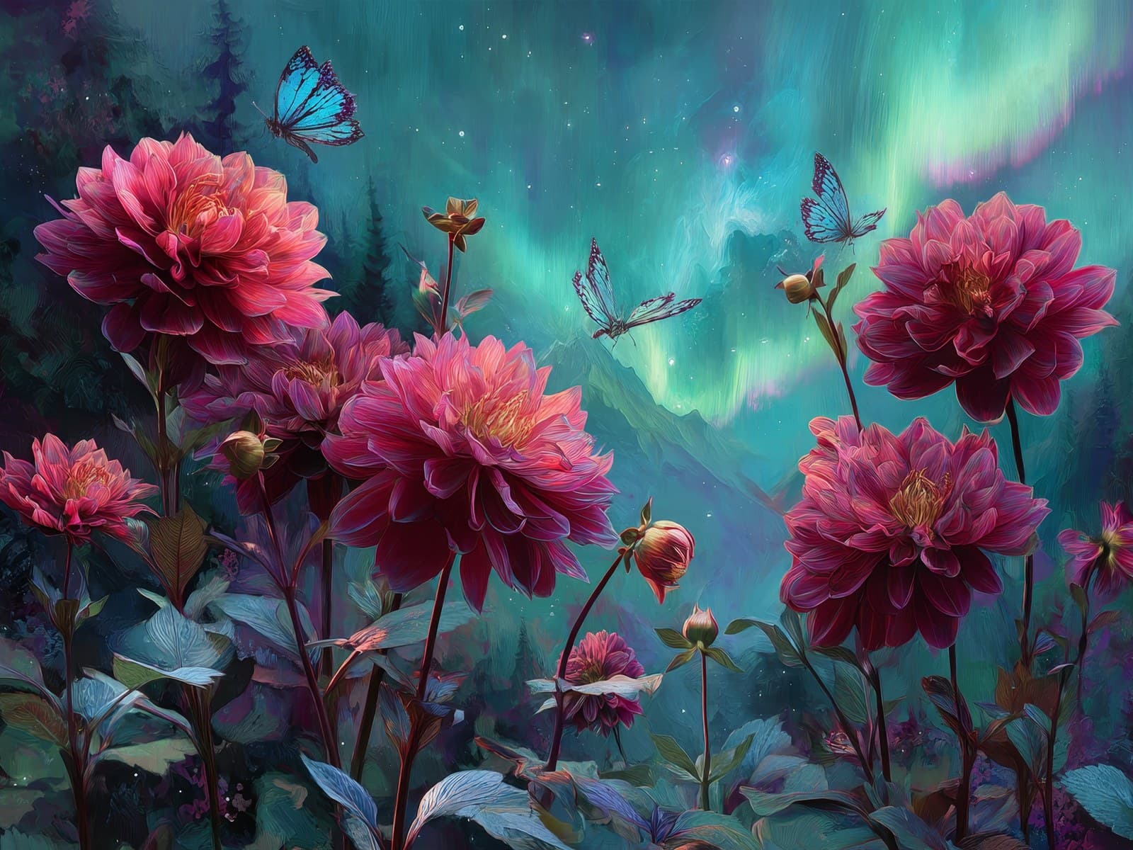 Rode dahlia's onder noorderlicht en blauwe vlinders
