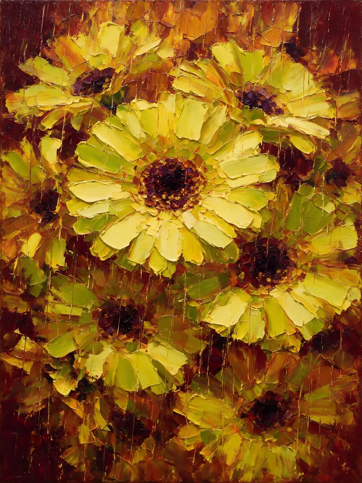Gele zonnebloemen in dikke verf