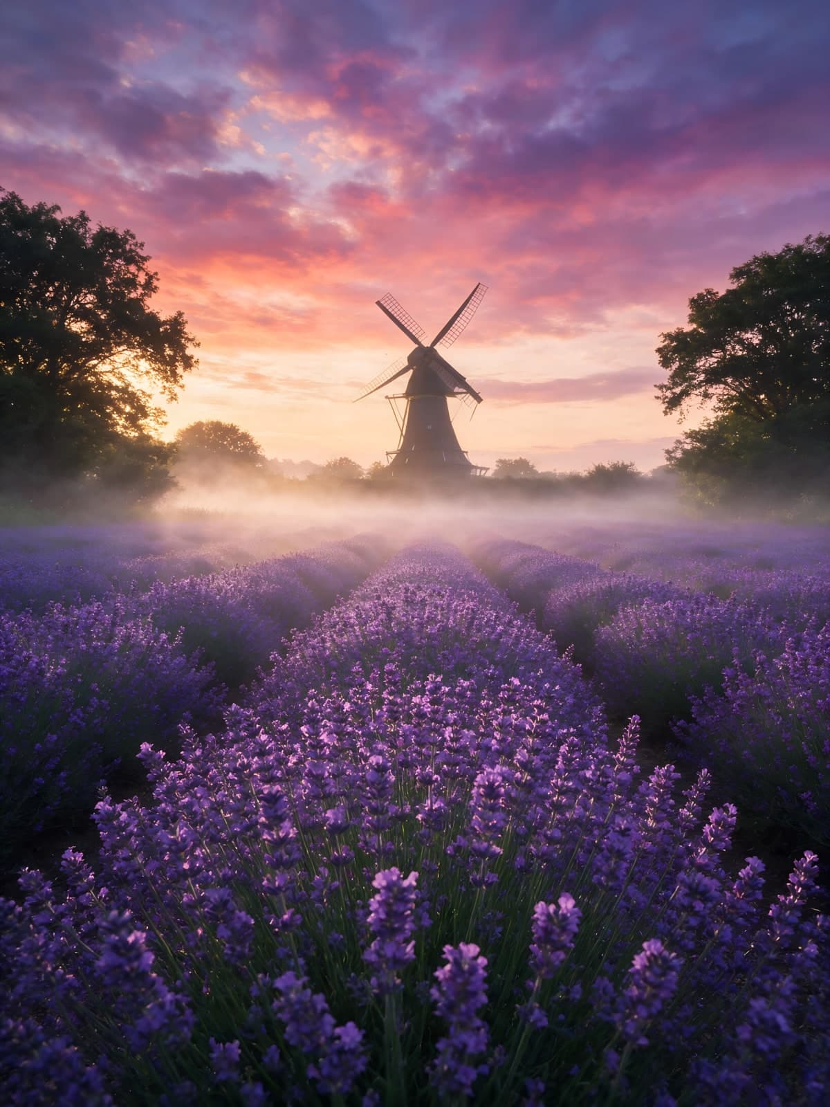Lavendelveld en molen in ochtendmist