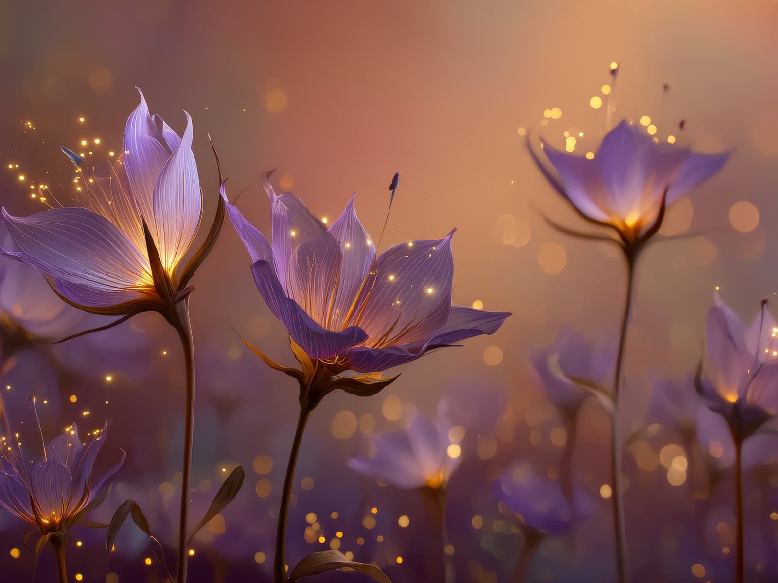 Paarse bloemen in oranje avondlicht