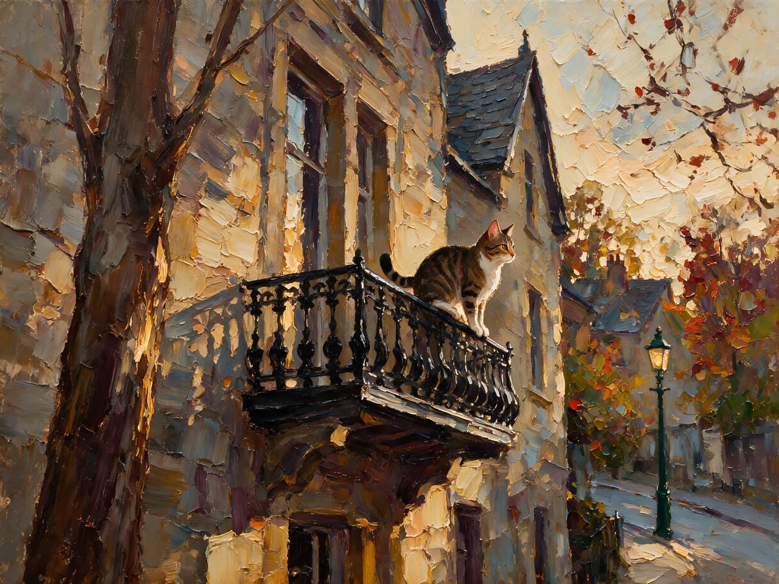 Kat op balkon van herfstig stenen huis