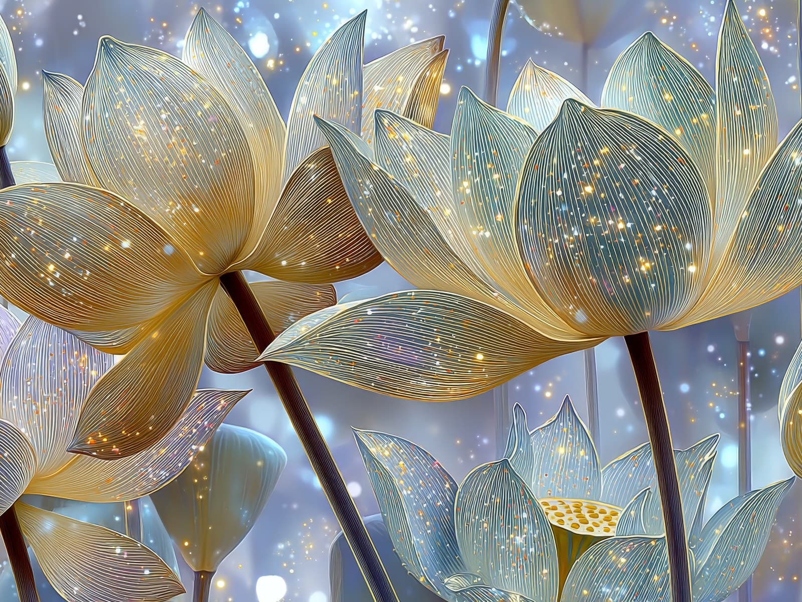 Doorschijnende gouden lotussen met lichtpuntjes