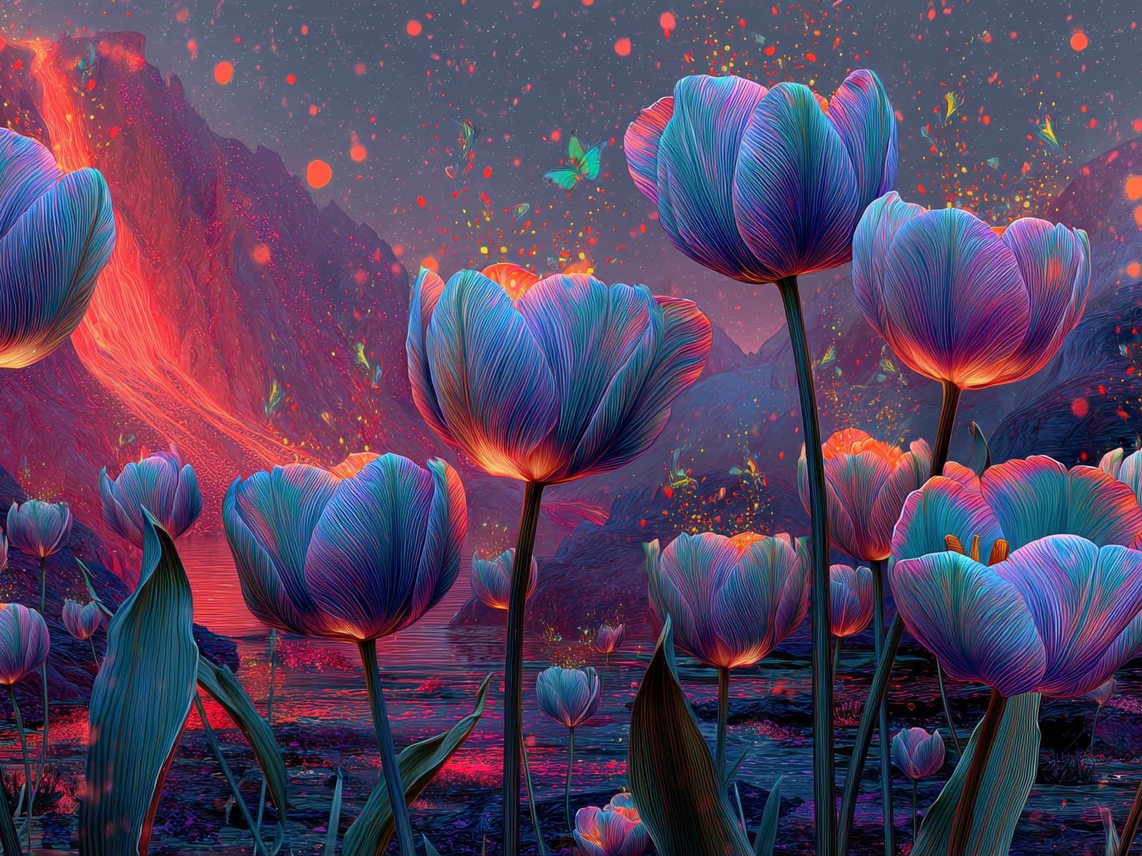 Blauwroze tulpen voor een rode berg