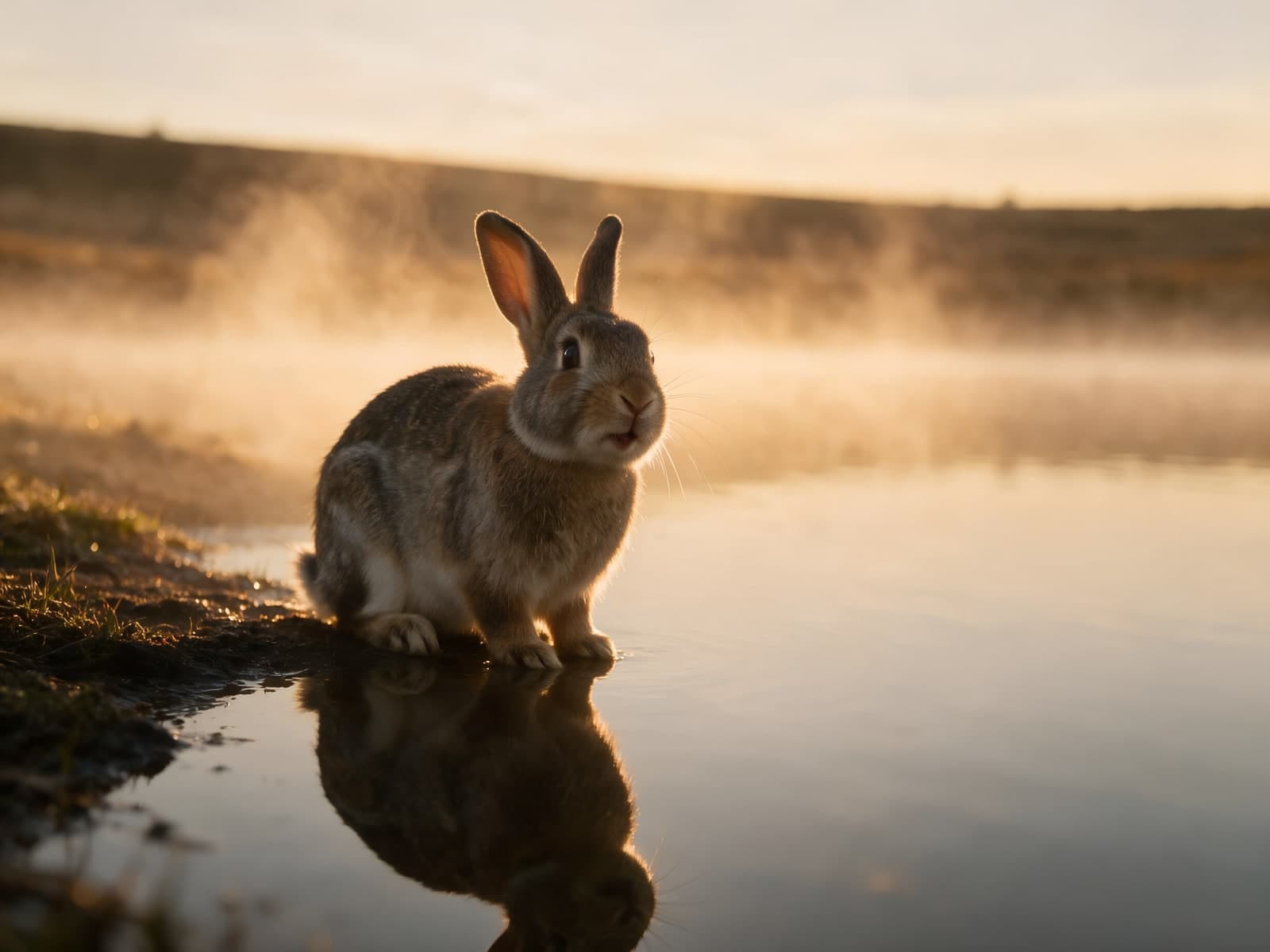 Konijn aan het water in de ochtendmist