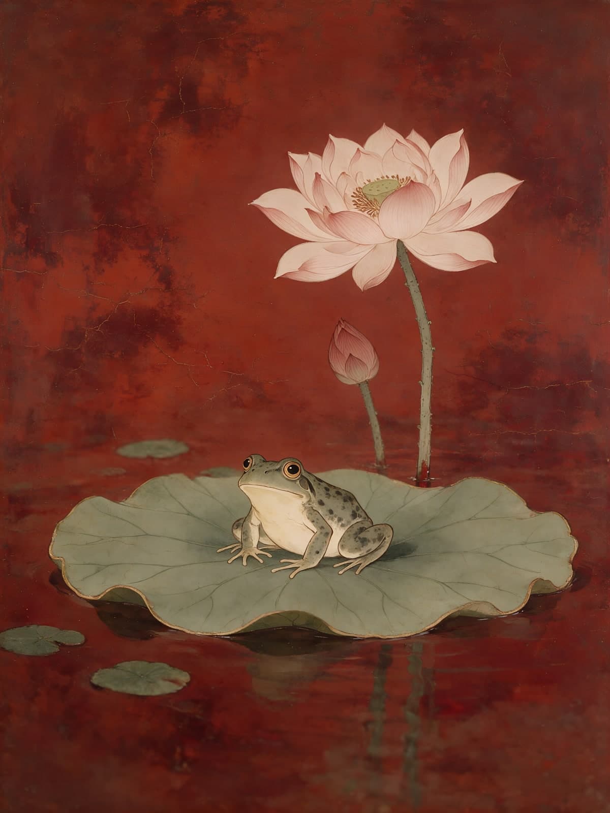 Kikker op lotusblad onder roze bloem