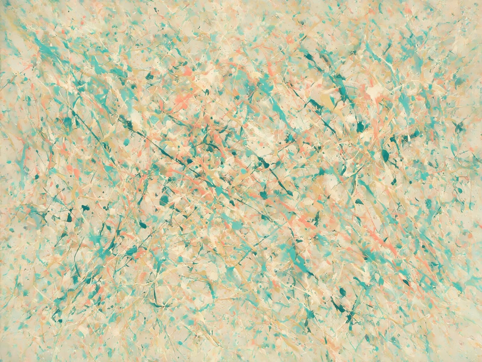 Turquoise en perzik gespetterd op crème