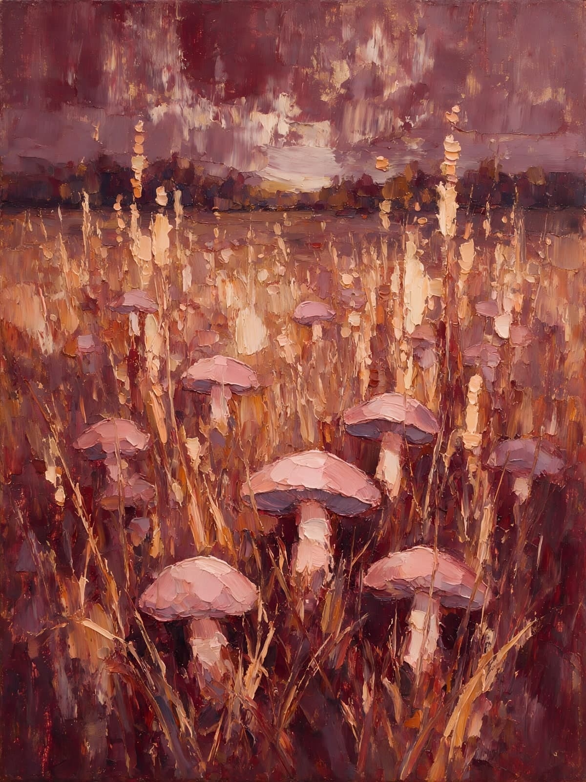 Roze paddenstoelen tussen hoog gras