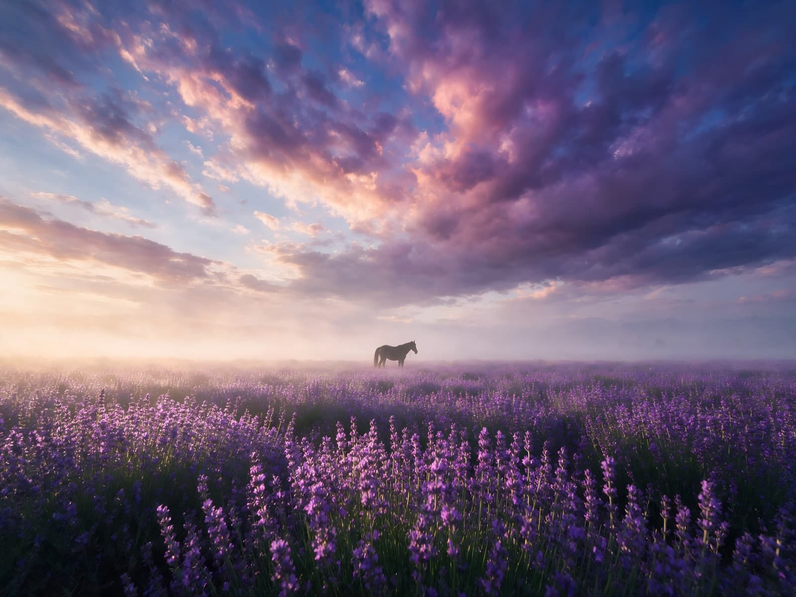 Lavendelveld met paard onder paarse wolken
