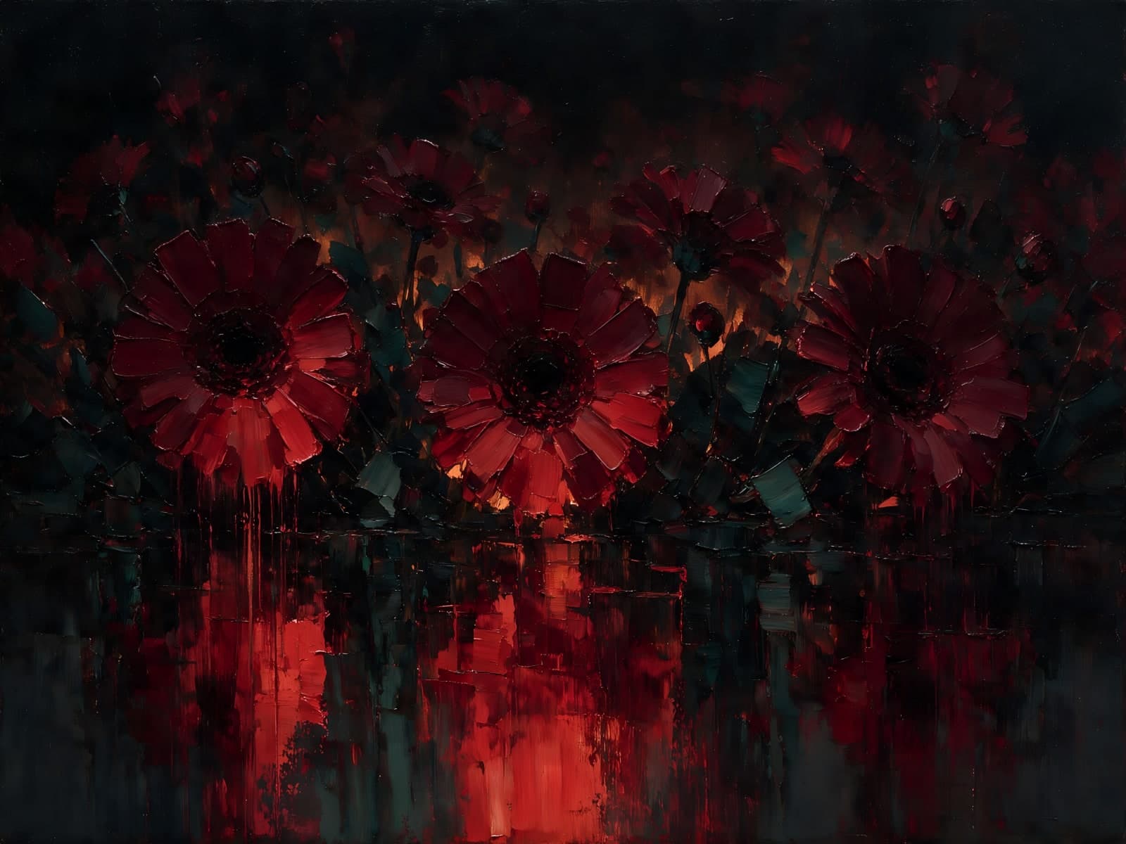 Donkerrode bloemen met rode weerspiegeling