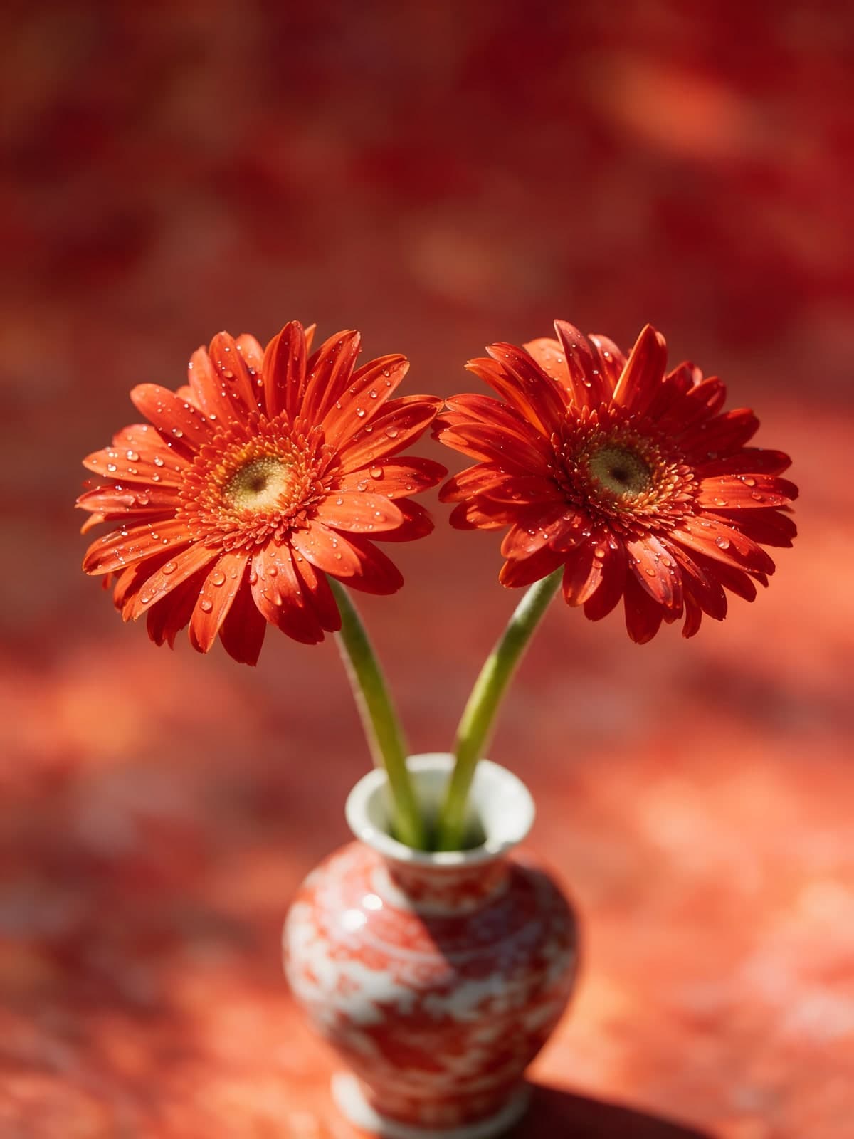 Twee rode gerbera's in klein vaasje