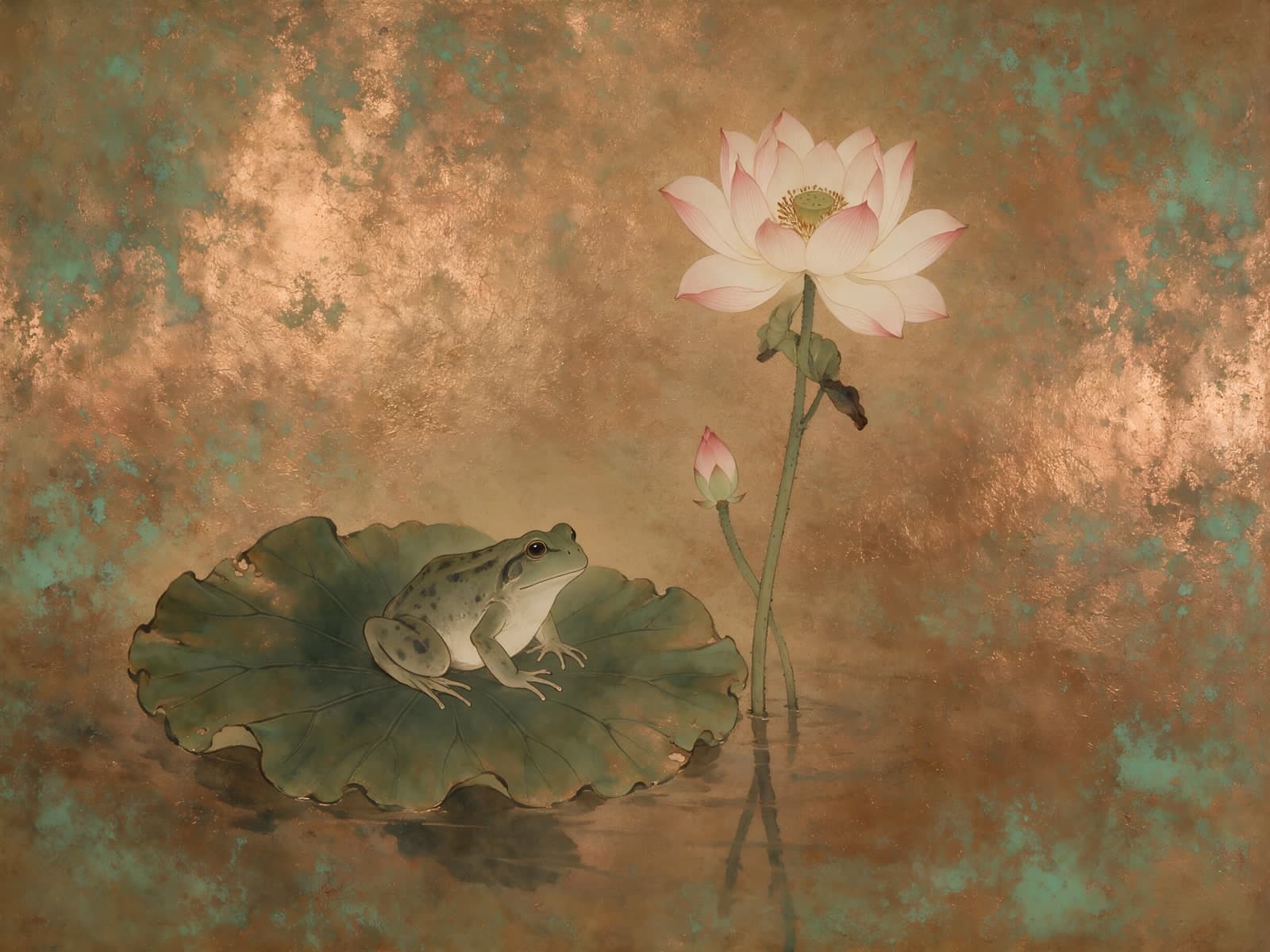 Roze lotus en kikker op koperen vlak