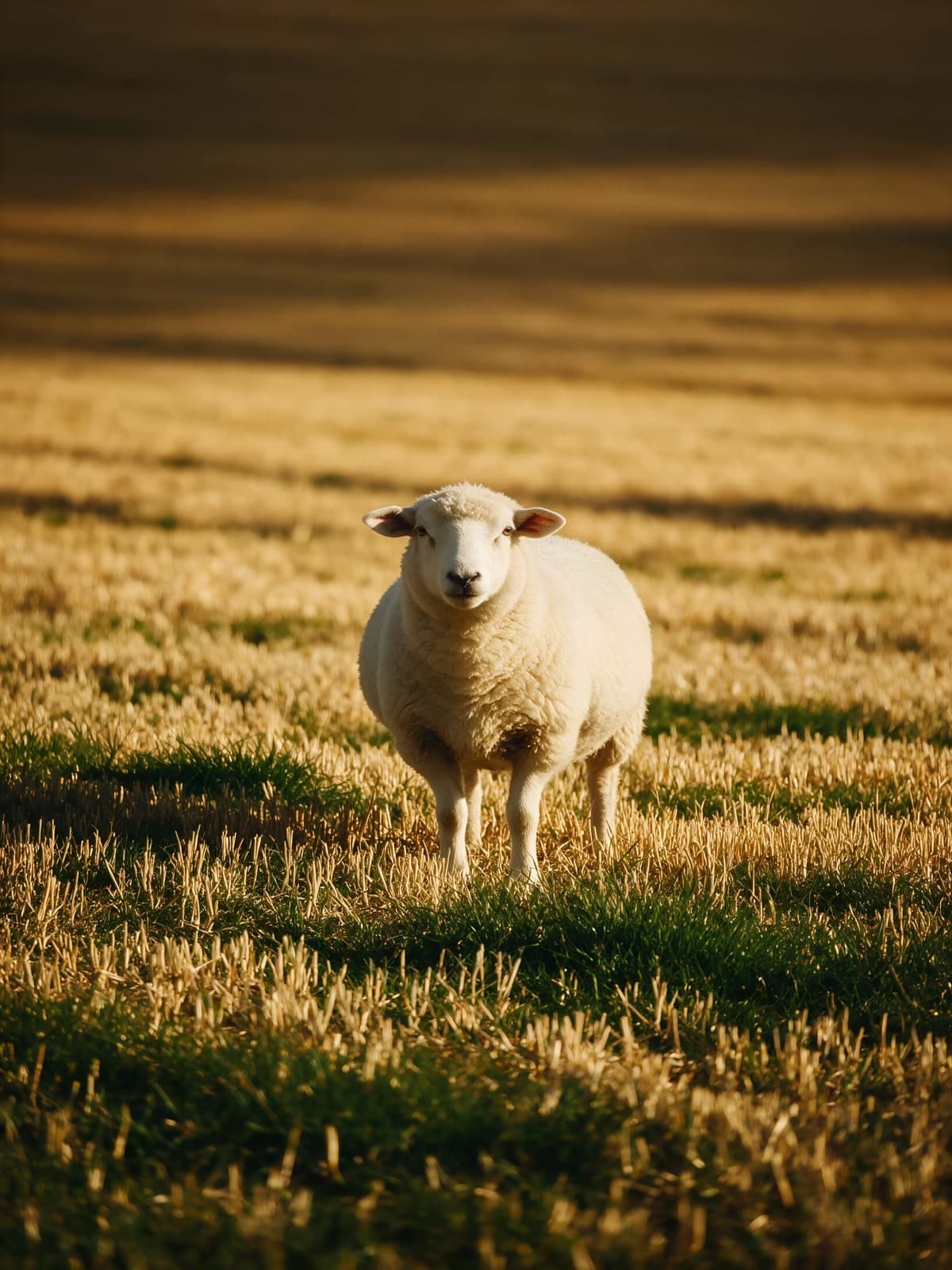 Schaap in gouden veld bij laag licht